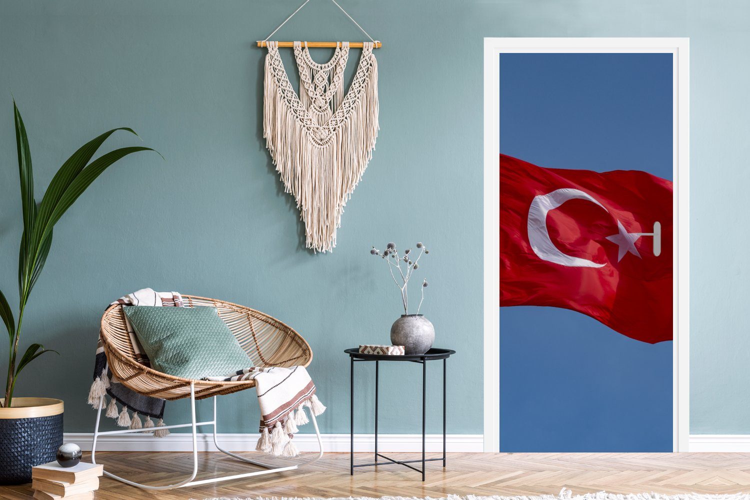 MuchoWow am für (1 türkische Himmel, Türaufkleber, Flagge cm Eine Türtapete bedruckt, blauen 75x205 St), Matt, Fototapete Tür,