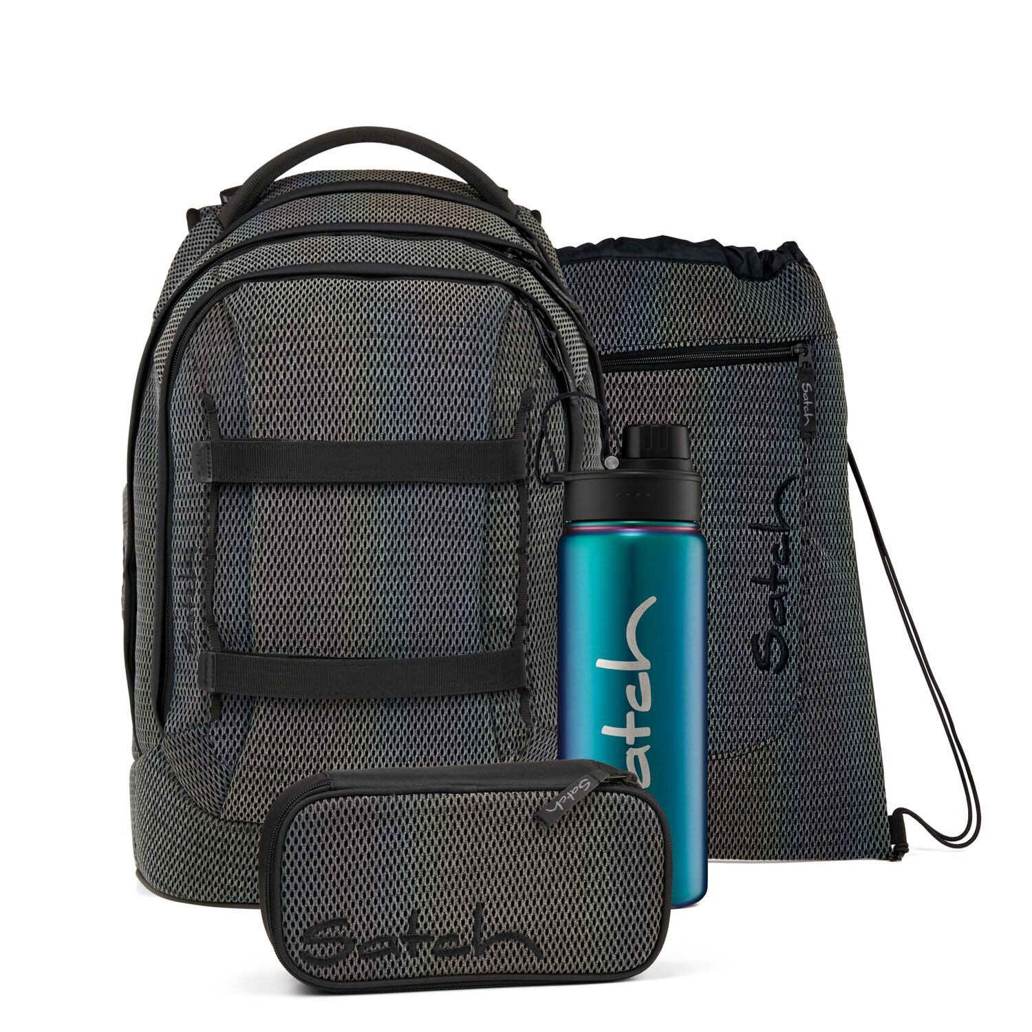 Satch Schulranzen Schulrucksack-Set PACK Hidden Rainbow 4-teilig (4-teilig), ergonomisch, Your-Size-System: auf Körpergröße anpassbar