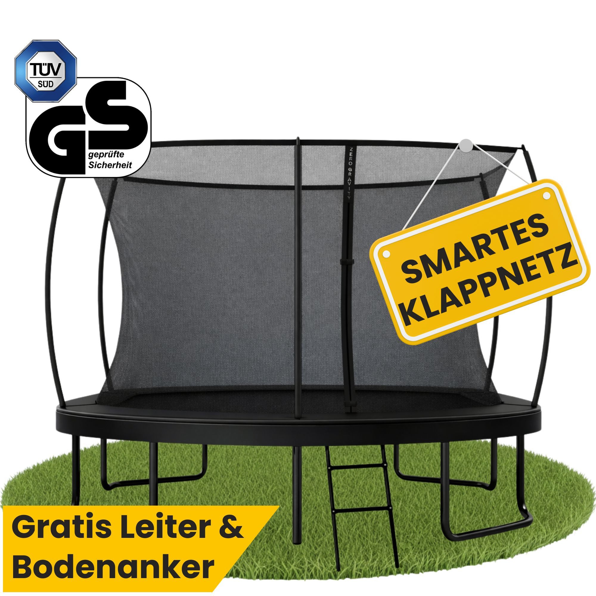 Zero Gravity Gartentrampolin 305x213/366x244/457x366 cm, Ovales Trampolin inkl. Leiter & Bodenanker, Ø 366 cm, Trampolin Outdoor Komplett-Set, TÜV GS, Smarter & schneller Netzabbau