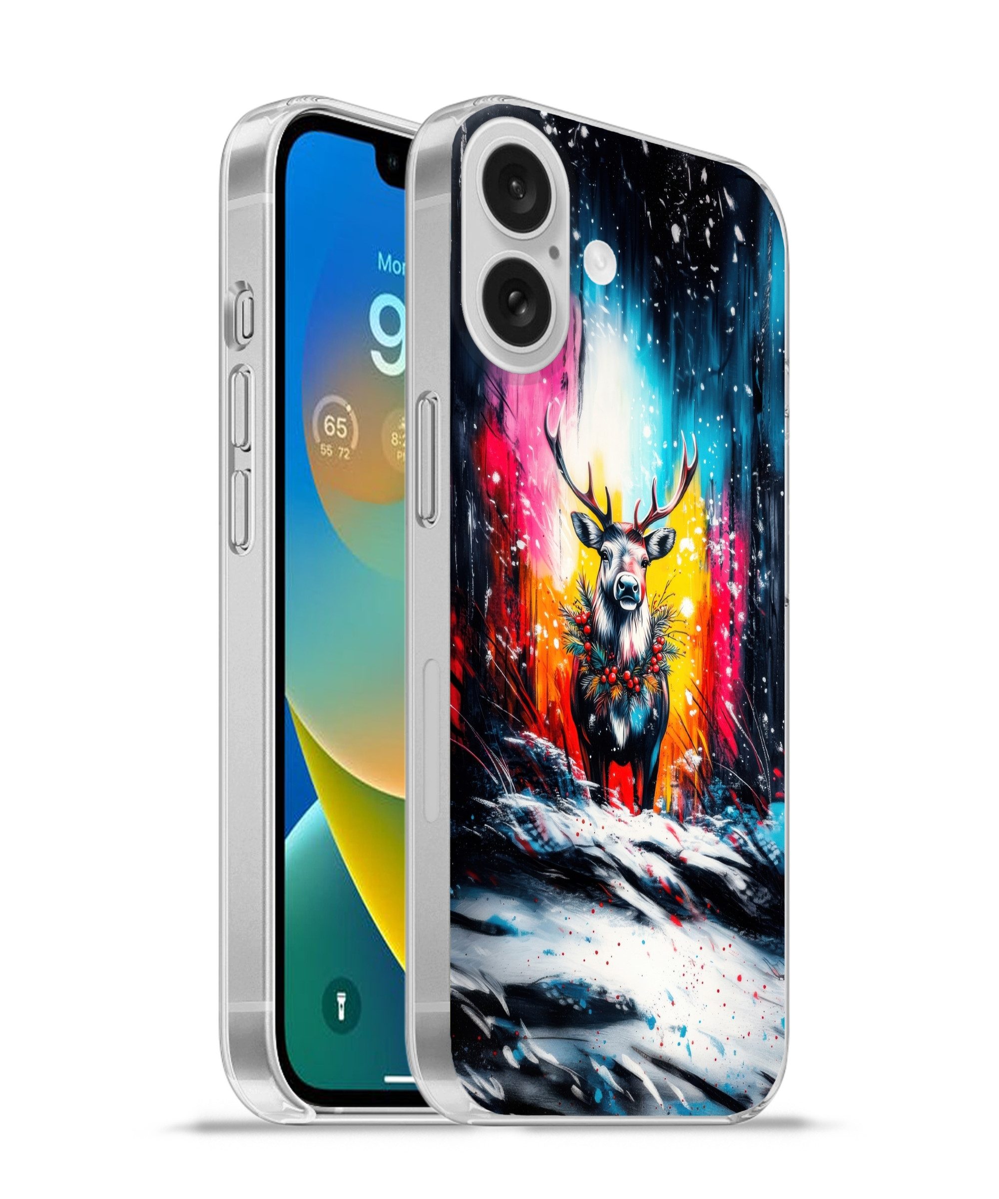 MuchoWow Handyhülle für Apple iPhone 16 Rentier - Geweih - Kranz - Farbenfroh, Smartphone-Bumper, Print, Handy Schutzhülle Dünn