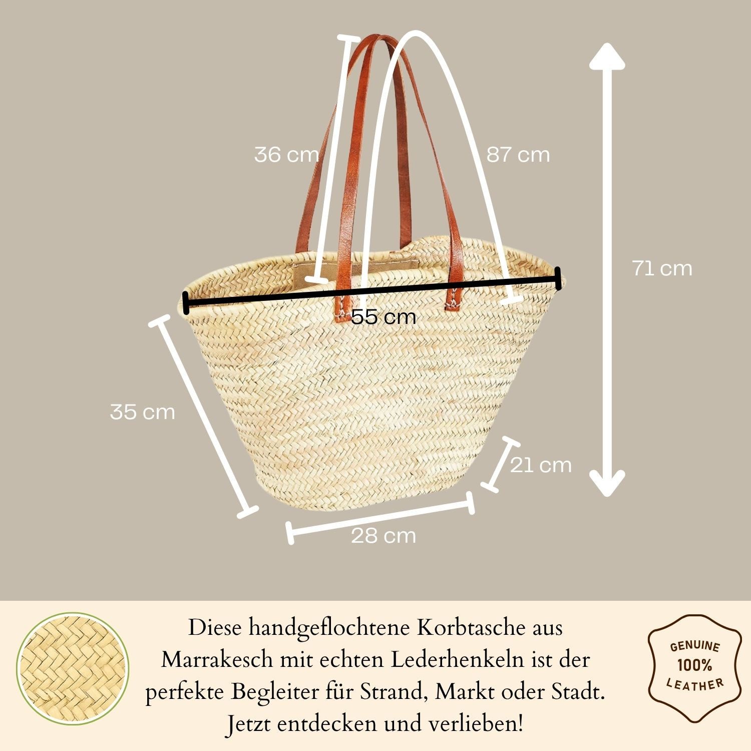 Marrakesch Orient & Mediterran Interior Korbtasche Ibiza Korbtasche Tasche Cestal lang aus Palmblatt & Leder Natur 55 cm (1-tlg), Handarbeit