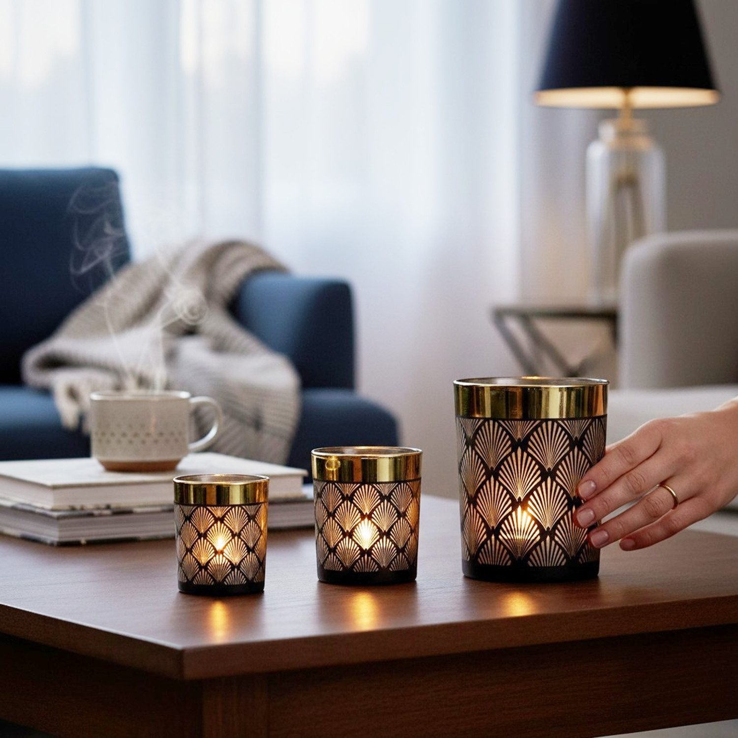 Macosa Home Teelichthalter 3er Set modern Schwarz Gold Glas rund (3 St., Kerzenhalter Teelicht-Halter), Deko Glaswindlicht Windlicht Tischdekoration – Bild 2 von 3