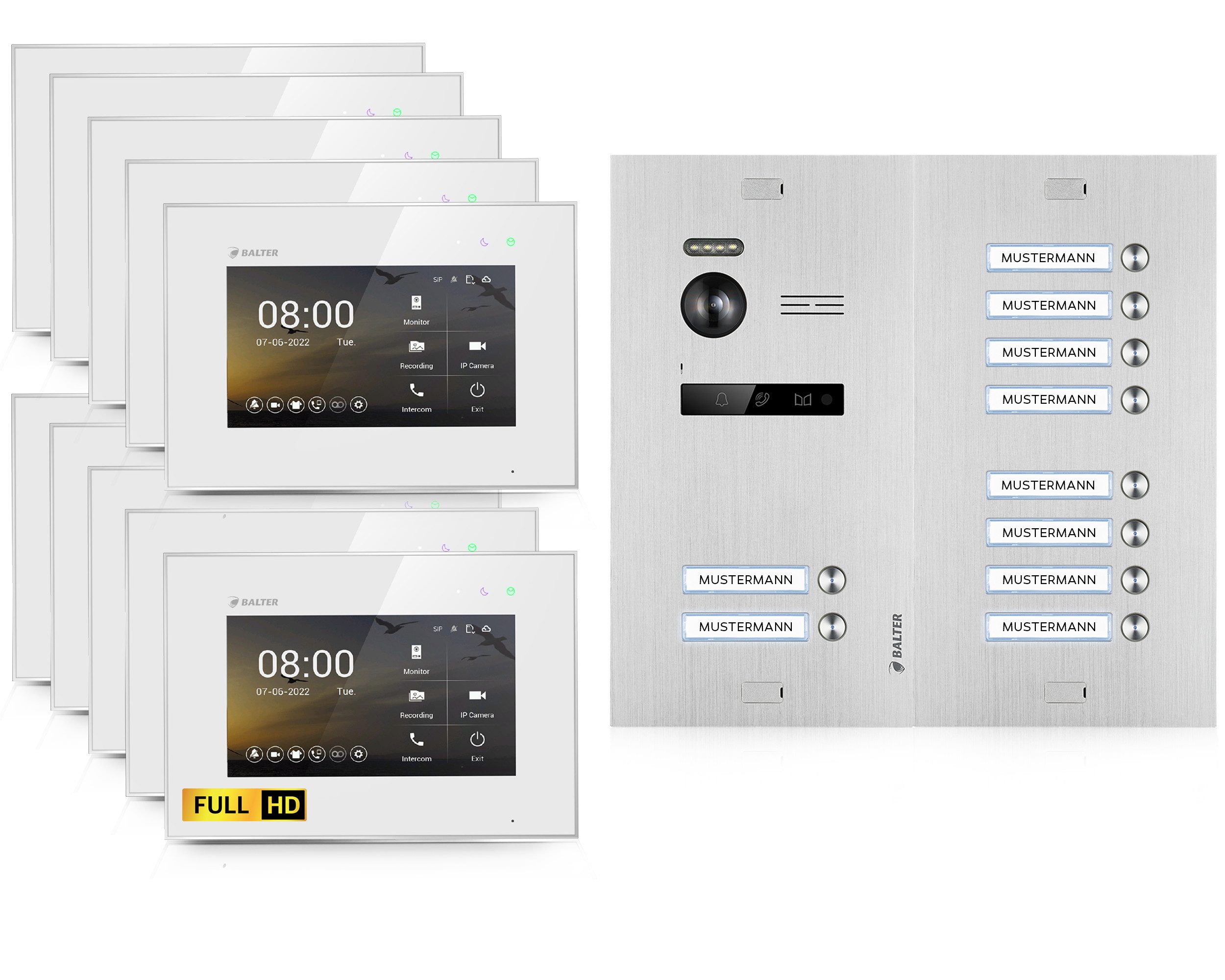 Balter Video-Türsprechanlage HD Video Türsprechanlage für 10 Familienhaus, 10x Monitor (4x 7" Full HD Monitore)