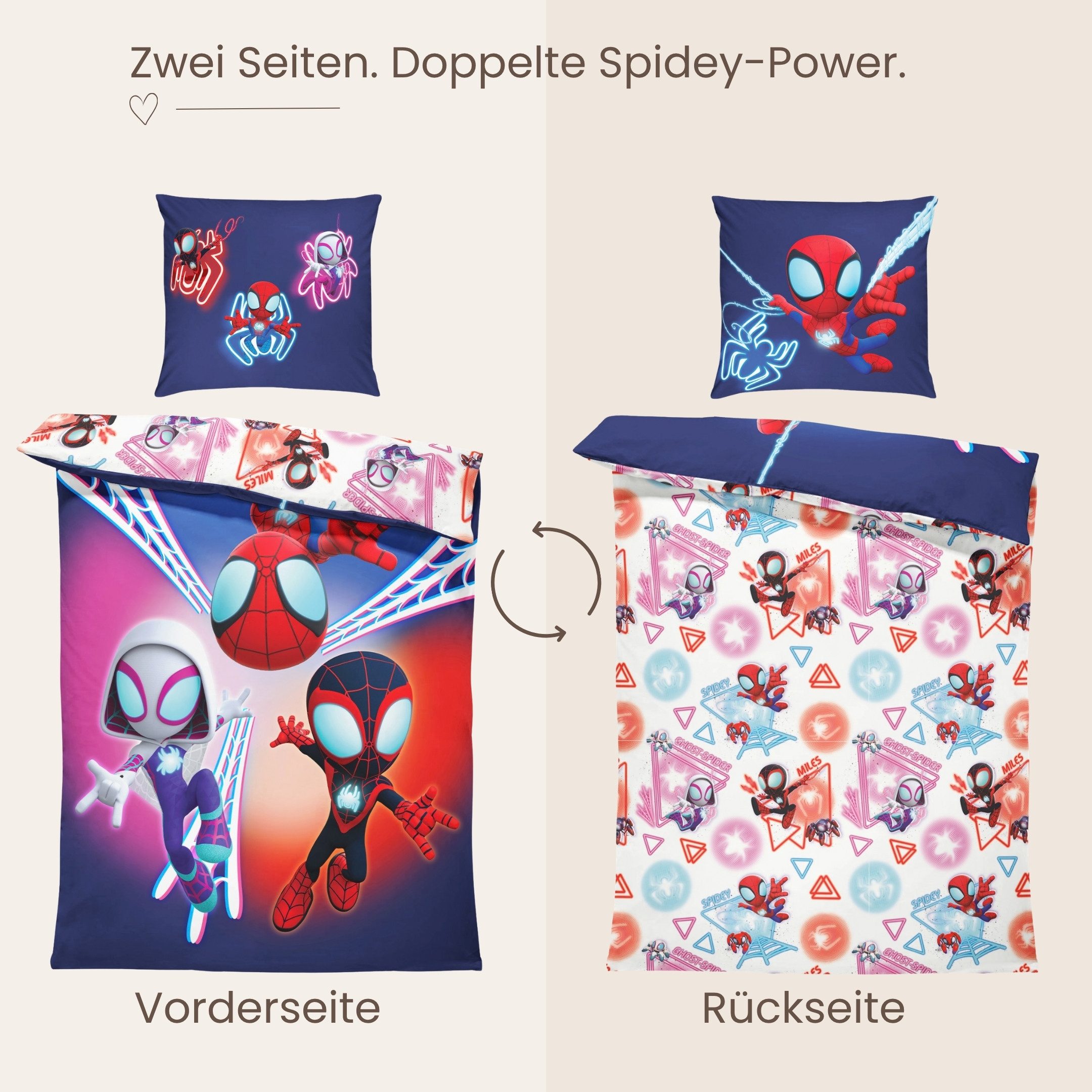 MTOnlinehandel Bettwäsche Marvel Spiderman "Spidey" 135x200 + 80x80 cm, Renforcé, 2 teilig, Spidey und seine super Freunde • Ghost-Spider und Miles Morales – Bild 4 von 5
