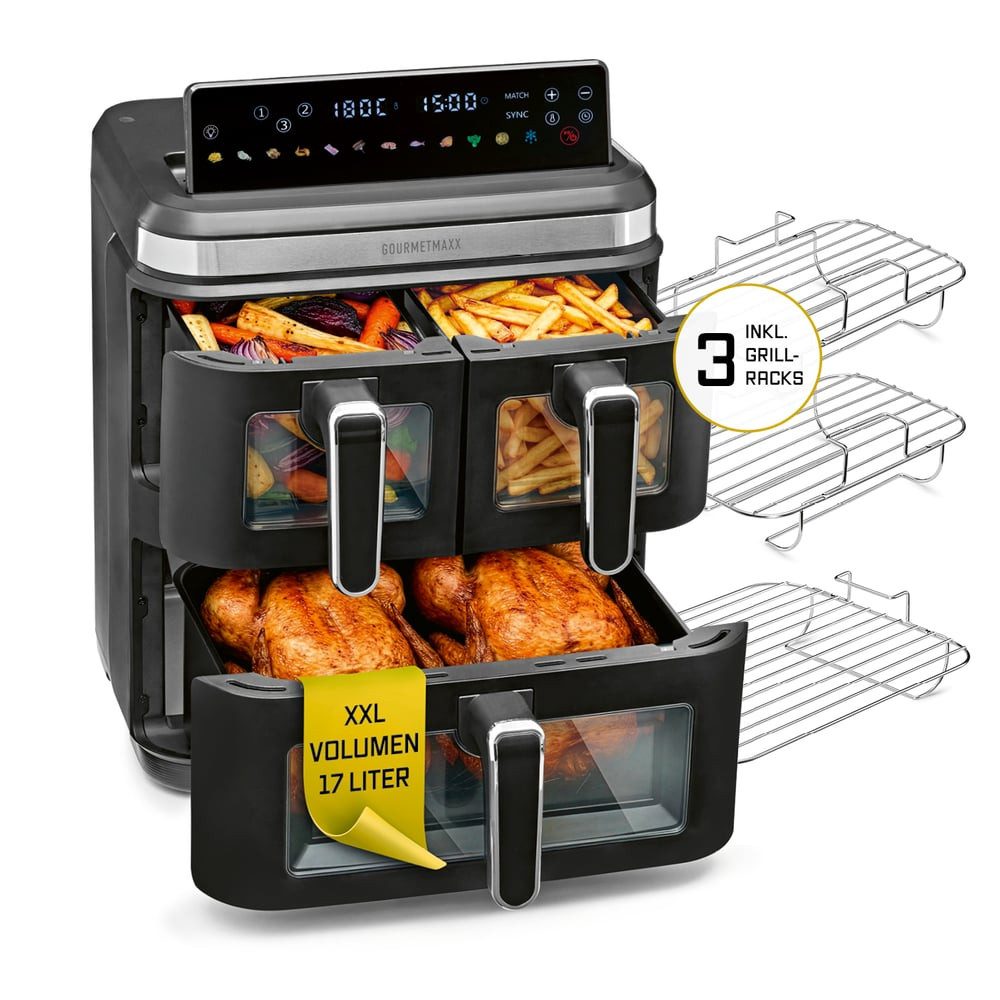 GOURMETmaxx Heißluftfritteuse GOURMETmaxx Heißluft-Fritteuse 3000W schwarz/ Edelst. 17l 3 Kammern inkl. Grillrost & Sichtfenst, 3000 W, Heissluftfritteuse XXL, Air Fryer Frittesue ohne Öl, Heißluftfriteuse