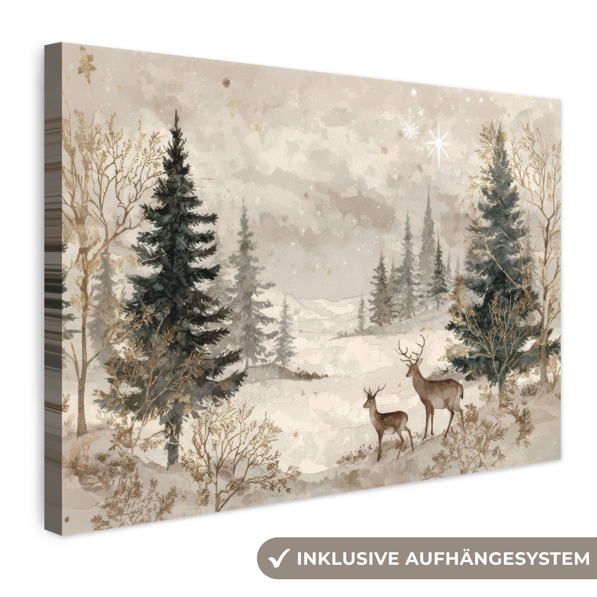 OneMillionCanvasses® Leinwandbild Wald - Hirsche - Winter - Schnee, Fotodruck (1 St), Leinwand Bilder Klein, Wand Dekoration Aesthetic 30x20 cm
