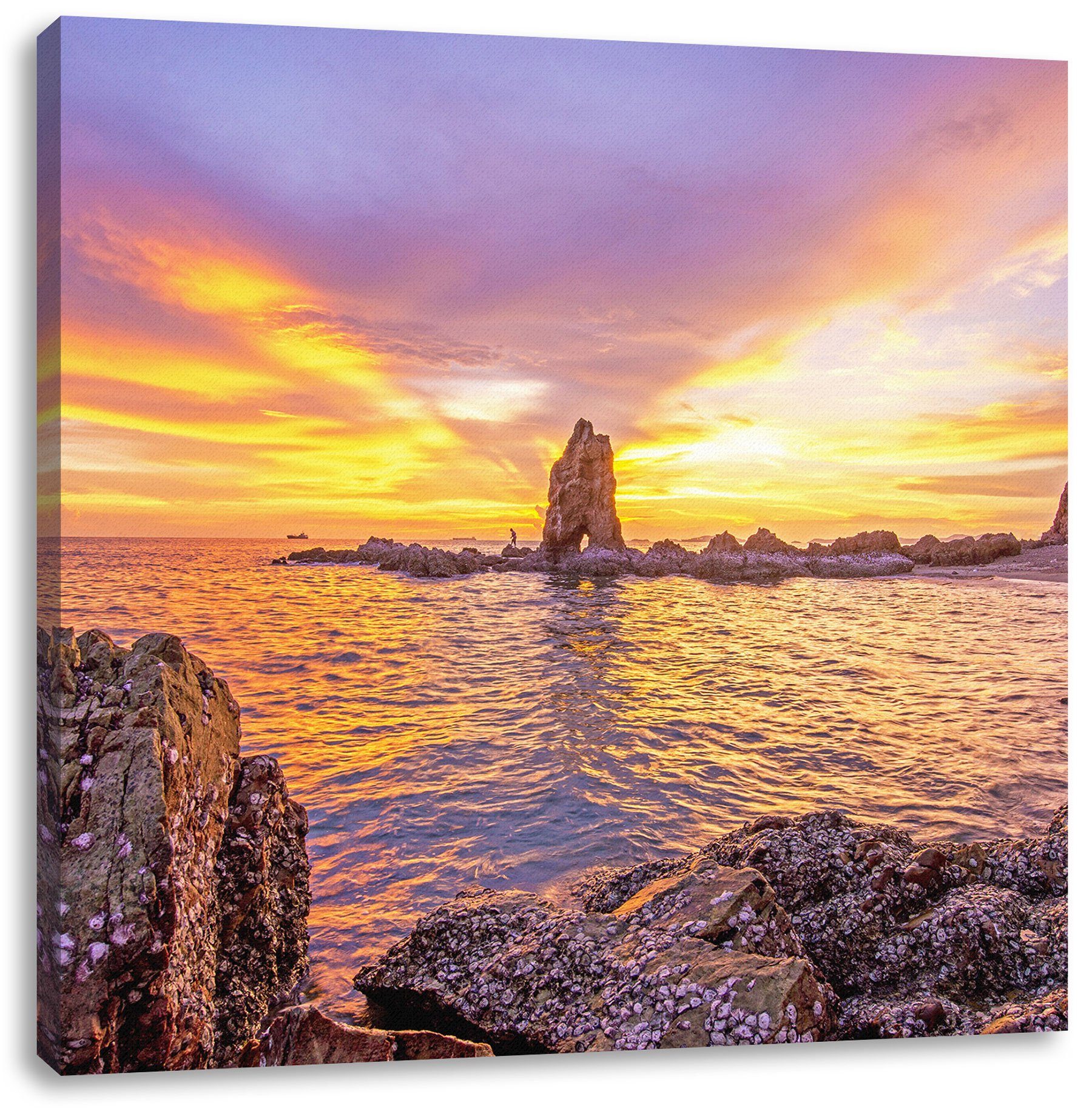 (1 inkl. Sonnenuntergang, St), Leinwandbild Küstenlinie mit bespannt, Sonnenuntergang Küstenlinie fertig mit Zackenaufhänger Leinwandbild Pixxprint