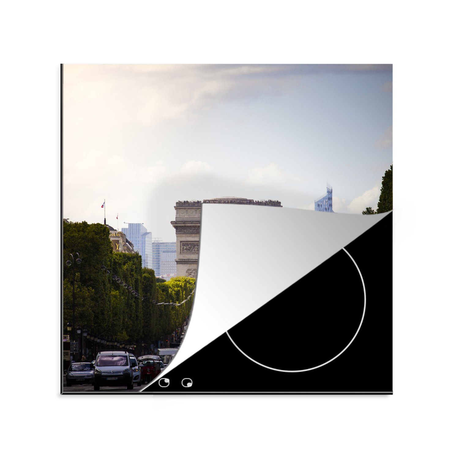MuchoWow Herdblende-/Abdeckplatte Die belebten Straßen der Champs Elysées in Paris vor dem Triumphbogen, Vinyl, (1 tlg), 78x78 cm, Ceranfeldabdeckung, Arbeitsplatte für küche