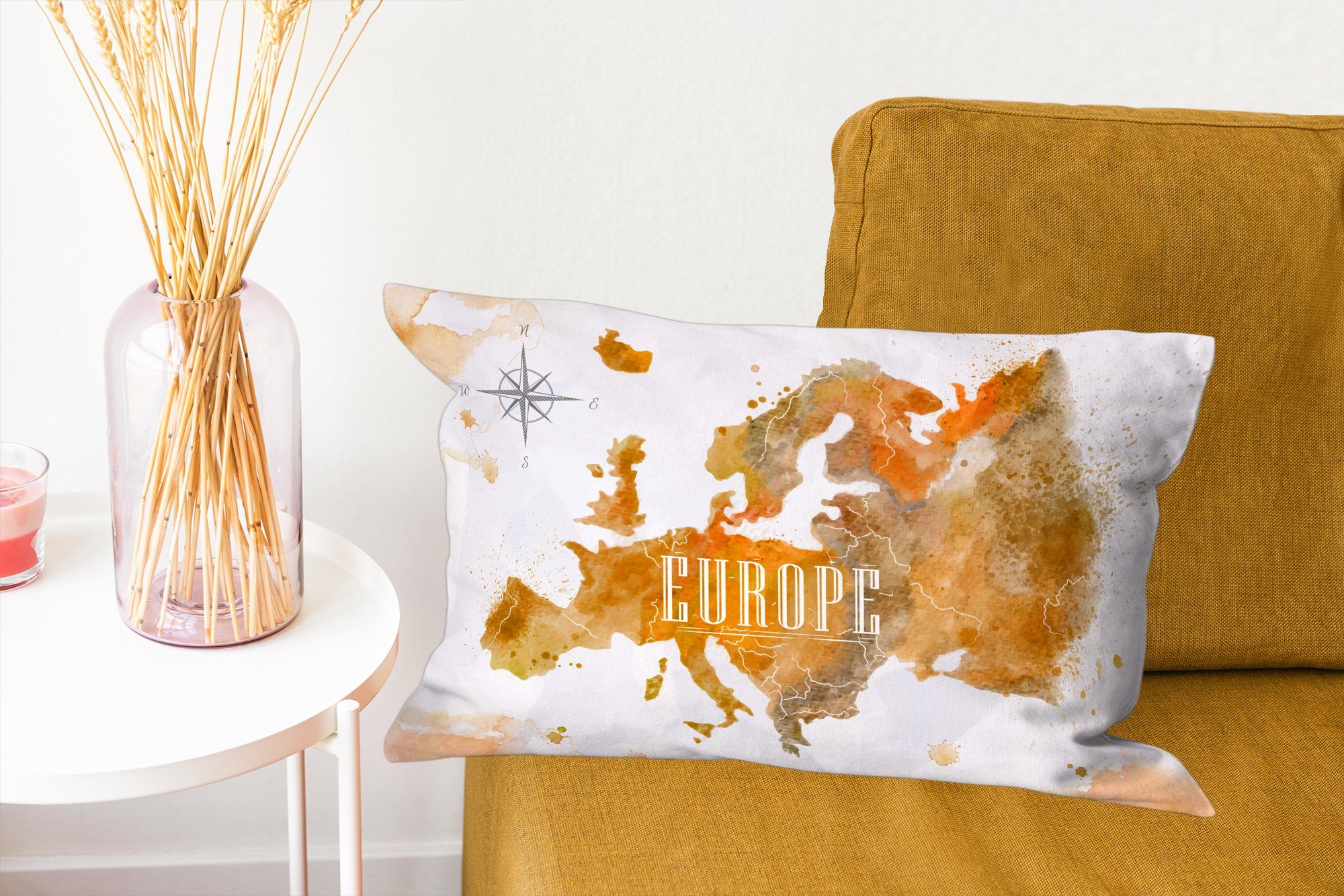 Füllung, - MuchoWow Schlafzimmer Weltkarte, Dekokissen Dekokissen Europa - Zierkissen, Wohzimmer Farbe Dekoration, mit