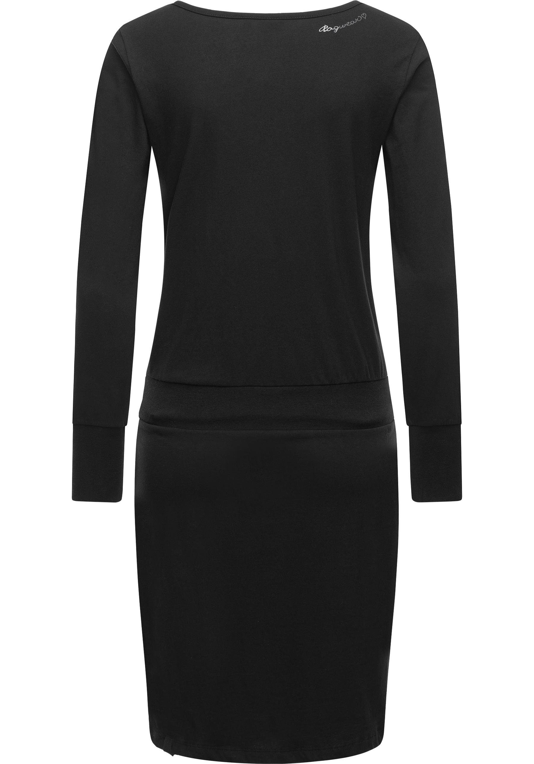 schwarz Damen mit Ragwear Jerseykleid Taillenzugband Langärmliges Penellope Baumwoll-Kleid