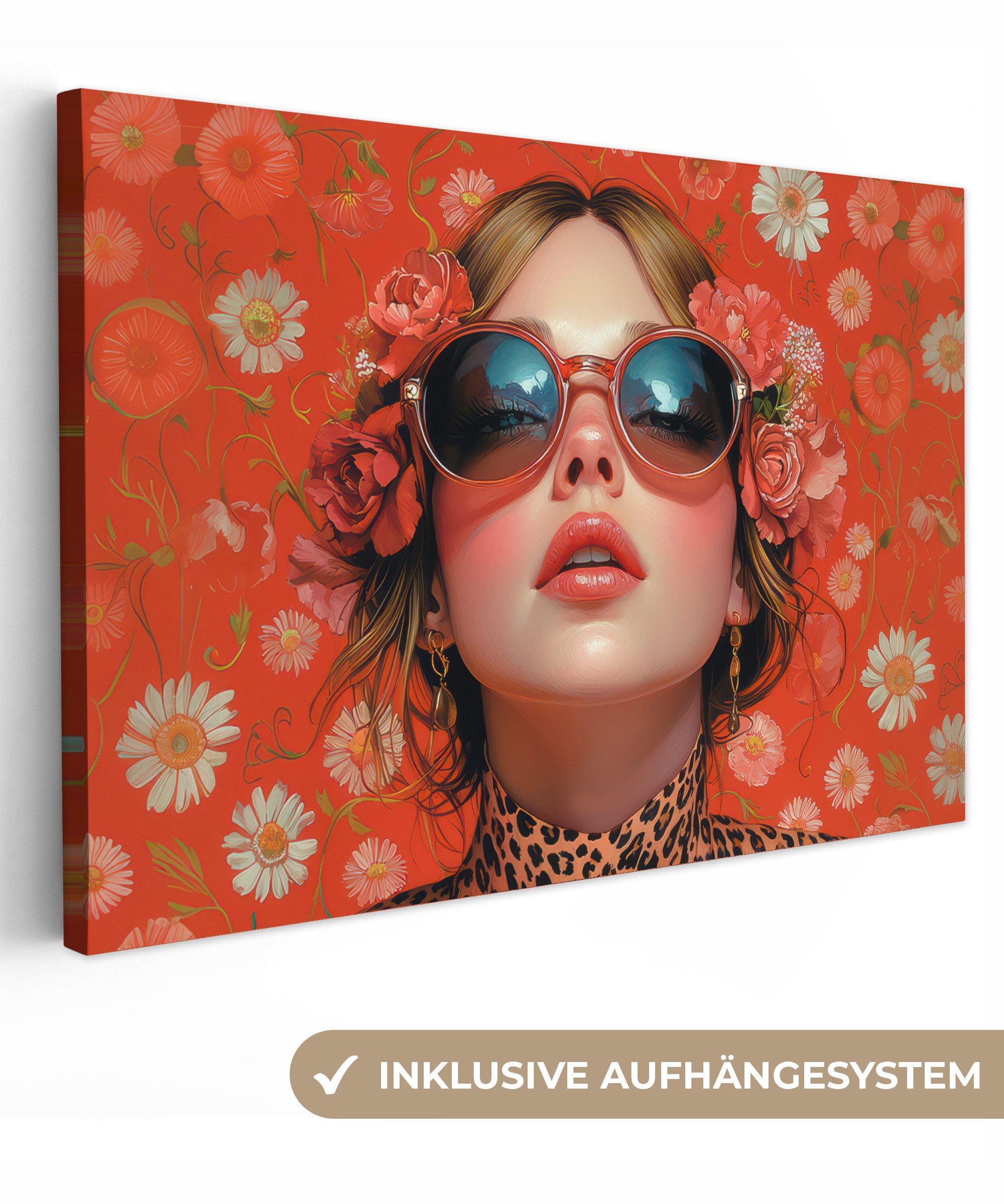 Leinwandbild Frau - Bunt - Tiermuster - Blumen