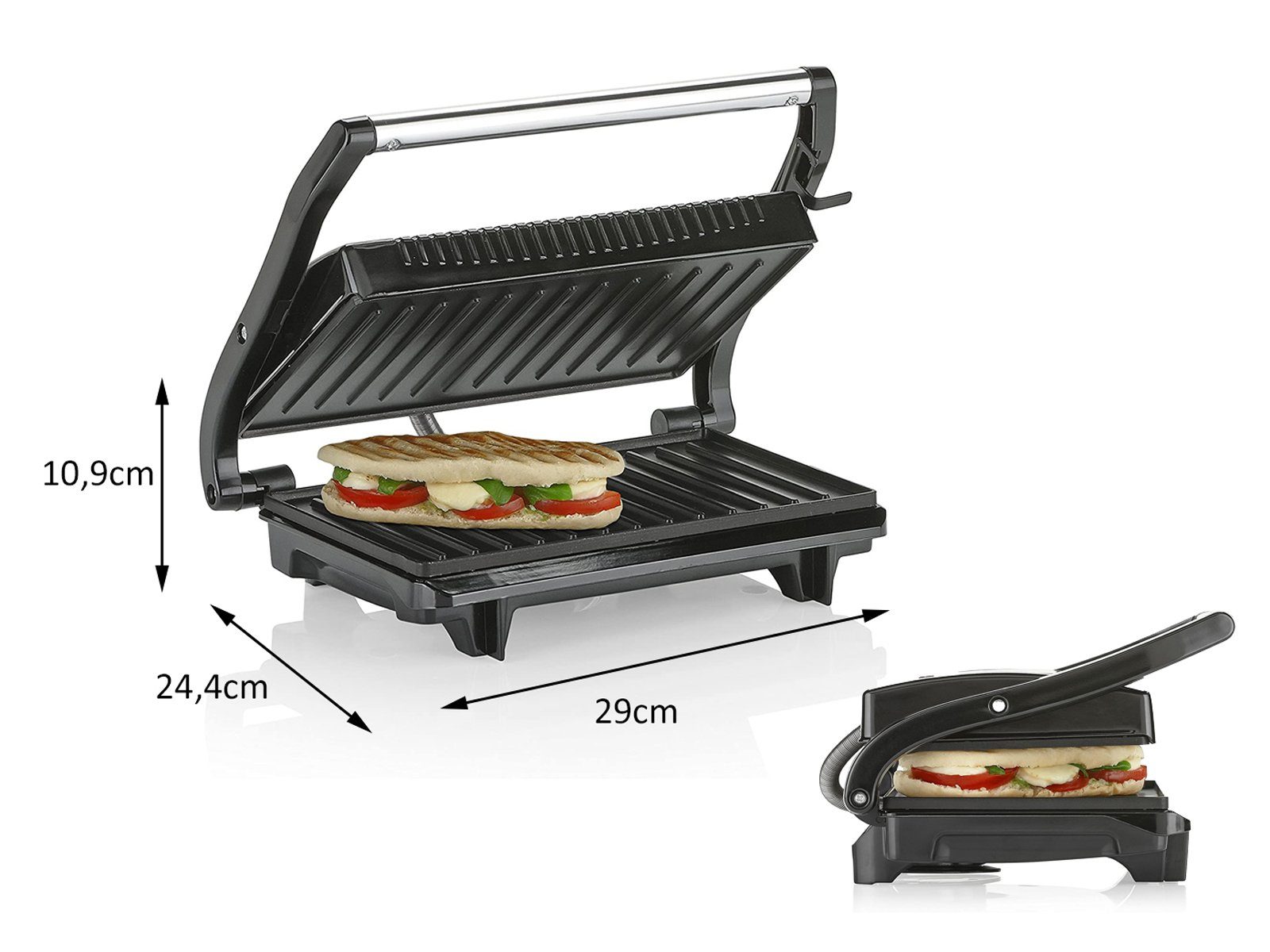 Tristar Kontaktgrill, 700 W, Kleiner Tischgrill & Grillzange Indoor Mulitgrill Paninimaker Camping