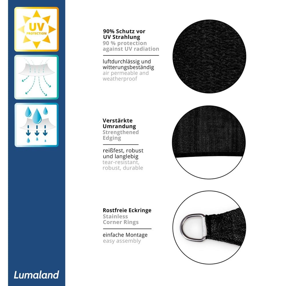 Lumaland Sonnensegel Sonnensegel rechteckig 5x6 m, Wetterbeständig 100% HDPE mit Stabilisator für UV Schutz