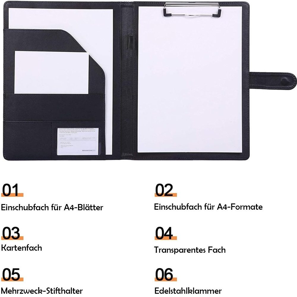 TUWENA Konferenzmappe A4 Klemmbrettmappe,PU Dokumententasche Klemmbrett Schreibmappe Schwarz, Notizzettel und Quittungen Bmappe Magnetverschluss für Büro und Schule