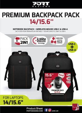 Port Designs Laptoprucksack PREMIUM Backpack Bundle, Rucksack für Notebooks 14 / 15.6 Zoll mit Maus, schwarz