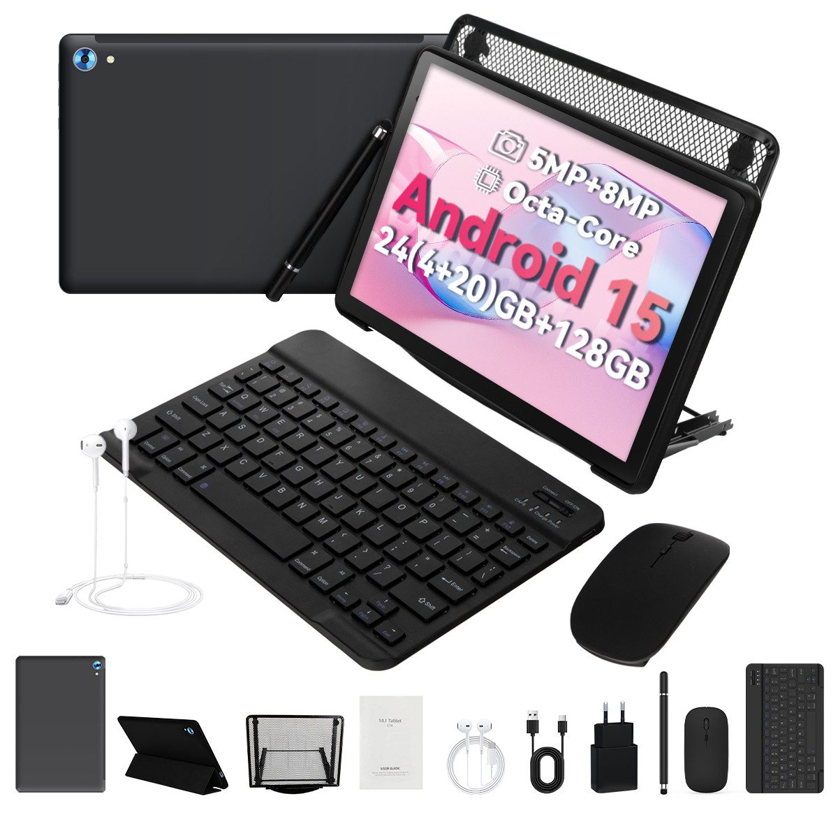 Happybe 10 Zoll 128GB 8-in-1 Kit mit Tastatur, Stift und Hülle Set Android 15 Tablet (10", 128 GB, Android, Widevine L1, mit Blaulichtfilter, WLAN 6 BT 5)