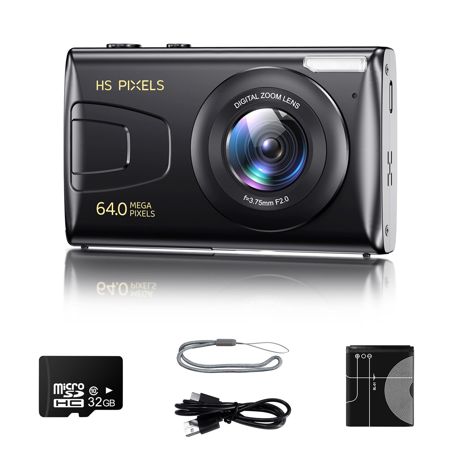 Fine Life Pro Digitalkamera, 64MP 1080P FHD-Fotokamera mit 3,0-Zoll-Bildschirm, Kompaktkamera (inkl. 18-facher Digitale Zoom, tragbare kompakte Kamera mit 32GB TF-Karte, USB-Kabel, für Jugendliche, Erwachsene, Anfänger)