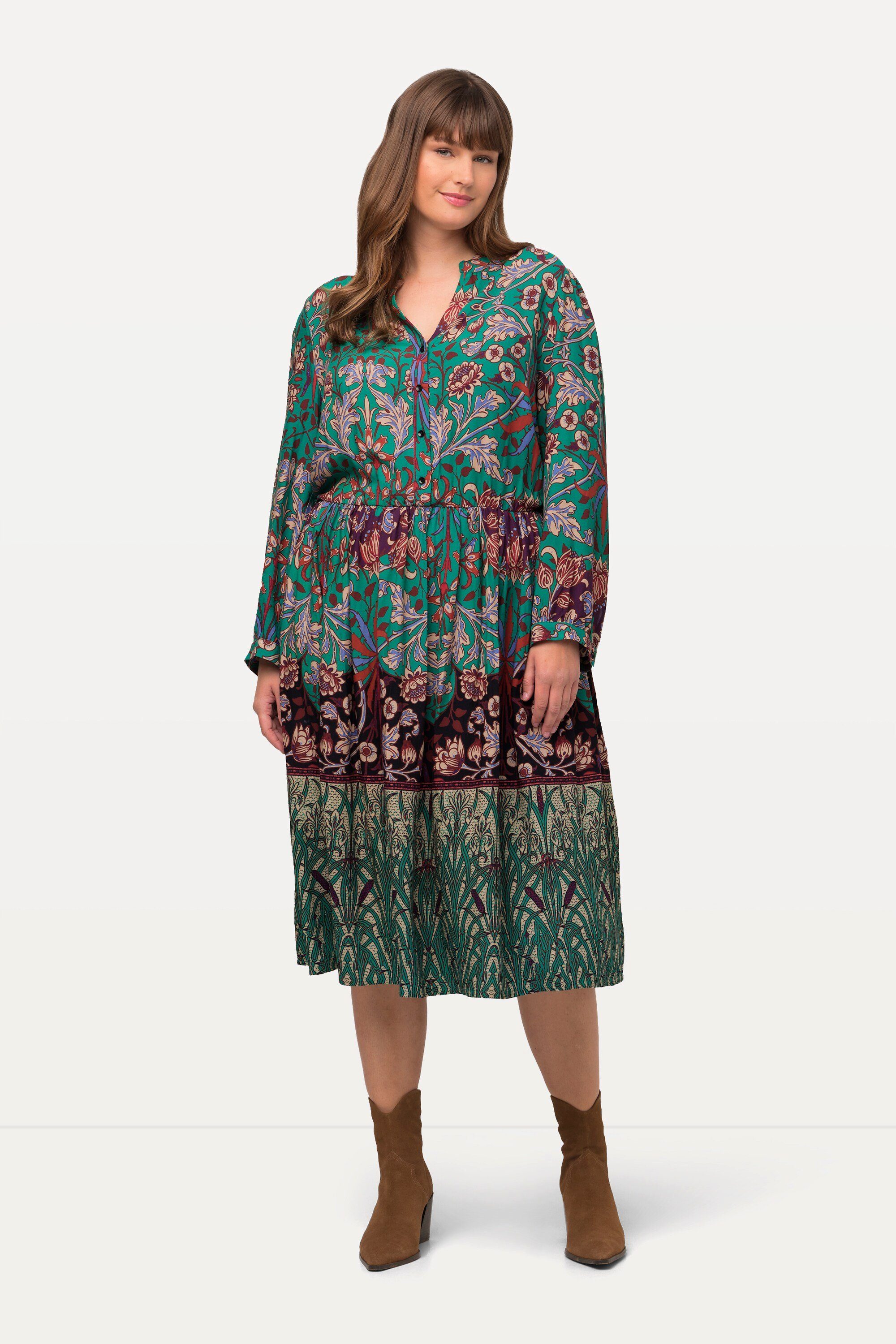 Midikleid Midikleid Patchdruck V-Ausschnitt Langarm