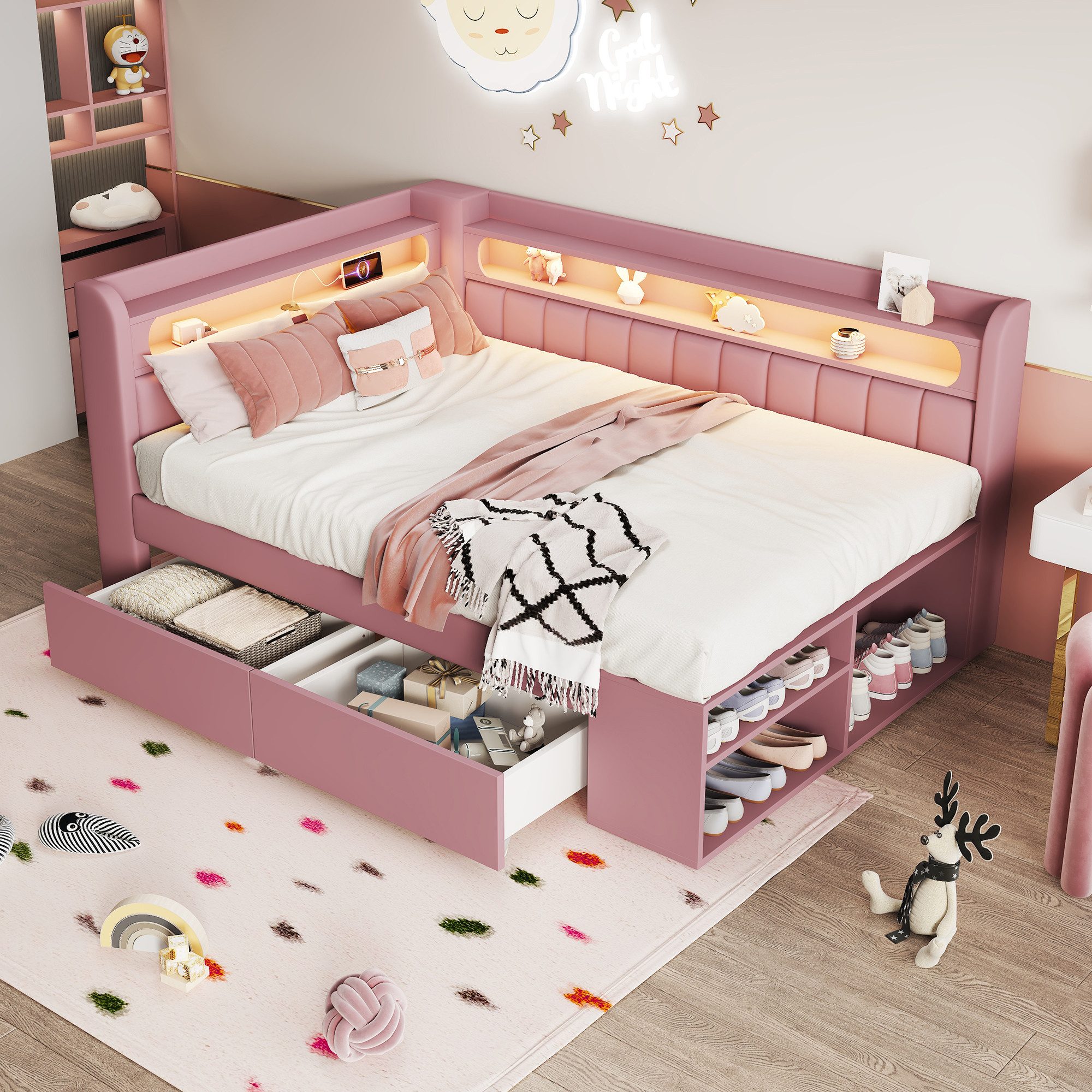 Flieks Daybett, Kinderbett 90x200cm mit Schuhschrank, 2 Schubladen, USB & LED