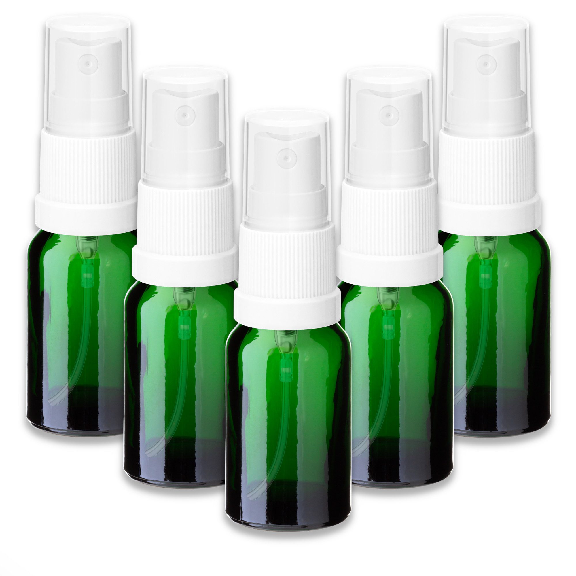 Zerstäuberflasche 5x Grüne Glasflasche 10 ml mit weißem Zerstäuber Sprühkopf leer 18 mm