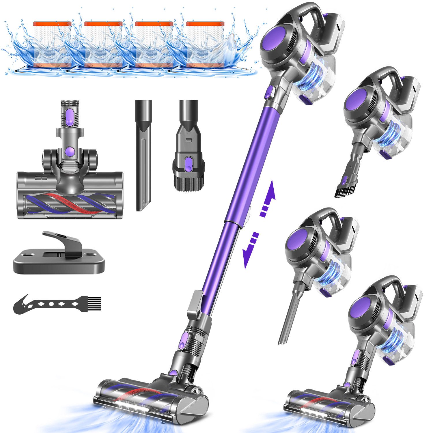 Adormii Akku-Hand-und Stielstaubsauger Akku Staubsauger, 58000Pa/450W/50Min Staubsauger Kabellos, HEPA*4, 450 W, Anti-Tangle-Bürste, 5-in-1 Cordless Vacuum Cleaner, Akkustaubsauger für Tierhaare, Hartböden, Teppiche, 5-in-1 Staubsauger für Tierhaare,Hartböden,Teppiche