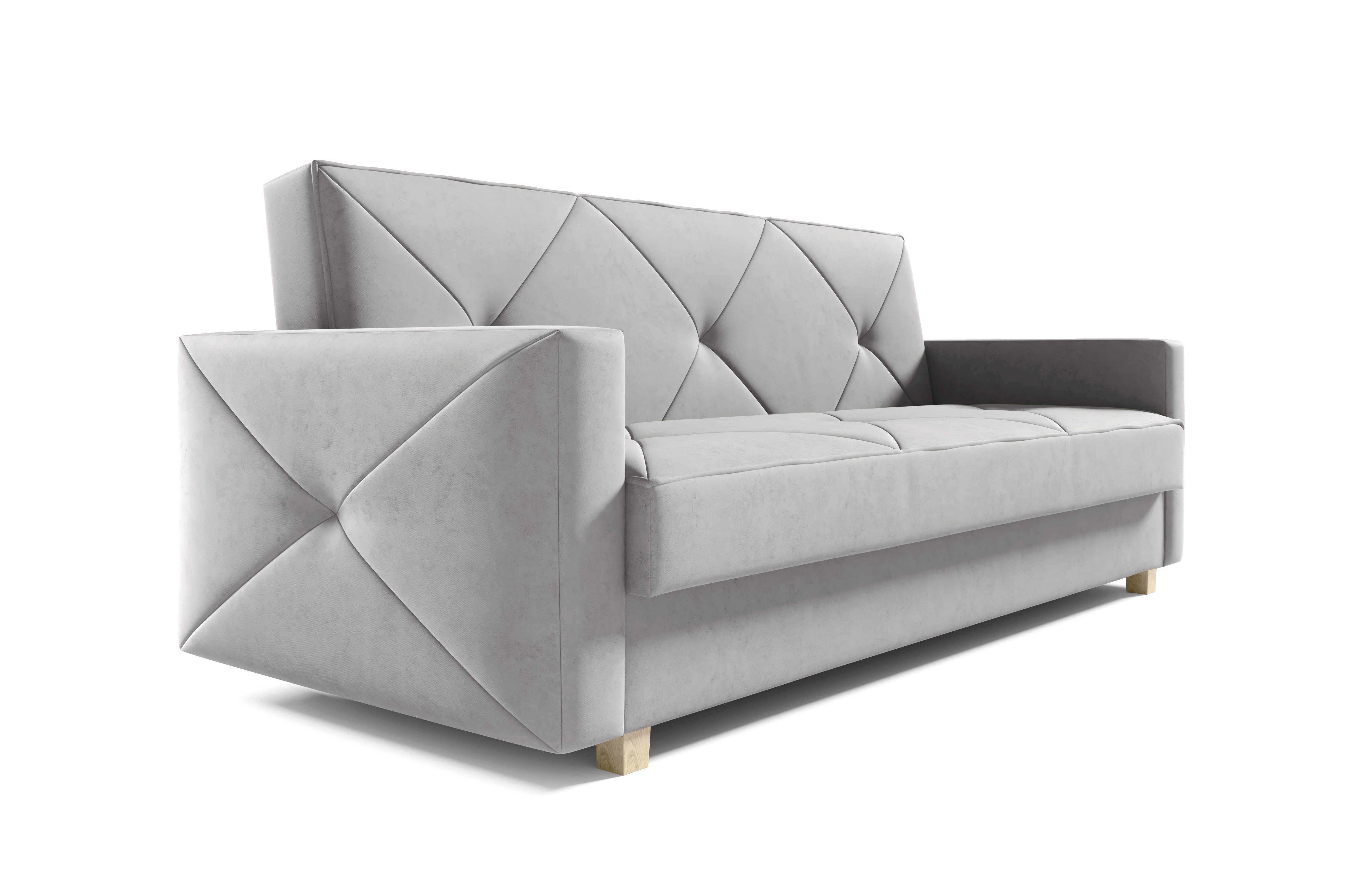 MOEBLO Schlafsofa PRETORIA, Couch Wohnzimmermöbel Schlafsofa Bettsofa Wohnzimmerset - (BxHxT): 215x88x95 cm, mit Schlaffunktion und Bettkasten Hellgrau (Solo 265)