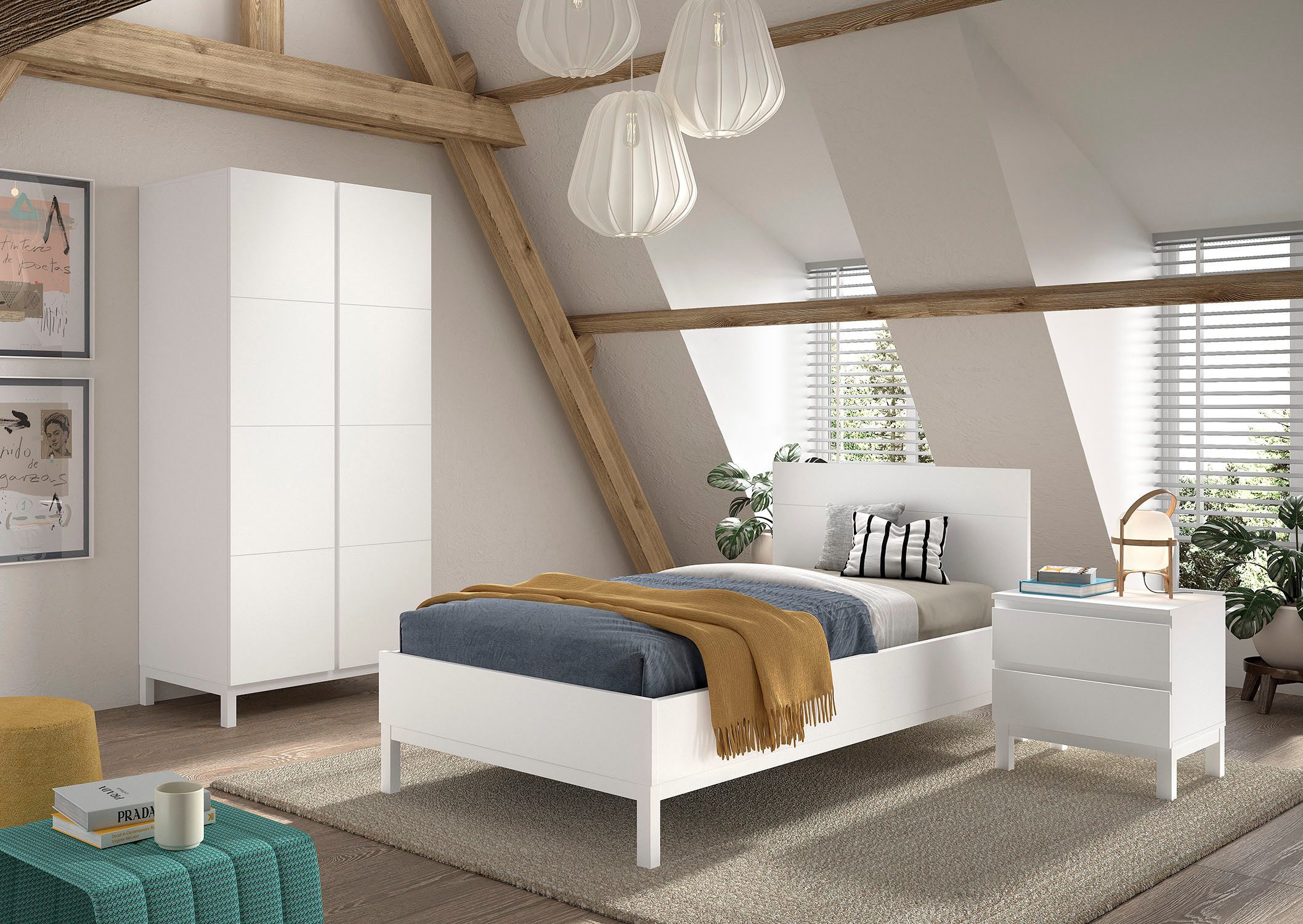 Vipack Jugendzimmer-Set Set best. aus Einzelbett 90/200, Nachtkonsole, Kleiderschrank 2-trg., (3-tlg), in gradlinigem Design, pflegeleichte lackierte Oberfläche in Weiß