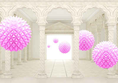 wandmotiv24 Fototapete Säulen Korridor Marmor rosa 3D Kugeln, strukturiert, Wandtapete, Motivtapete, matt, Vinyltapete, selbstklebend