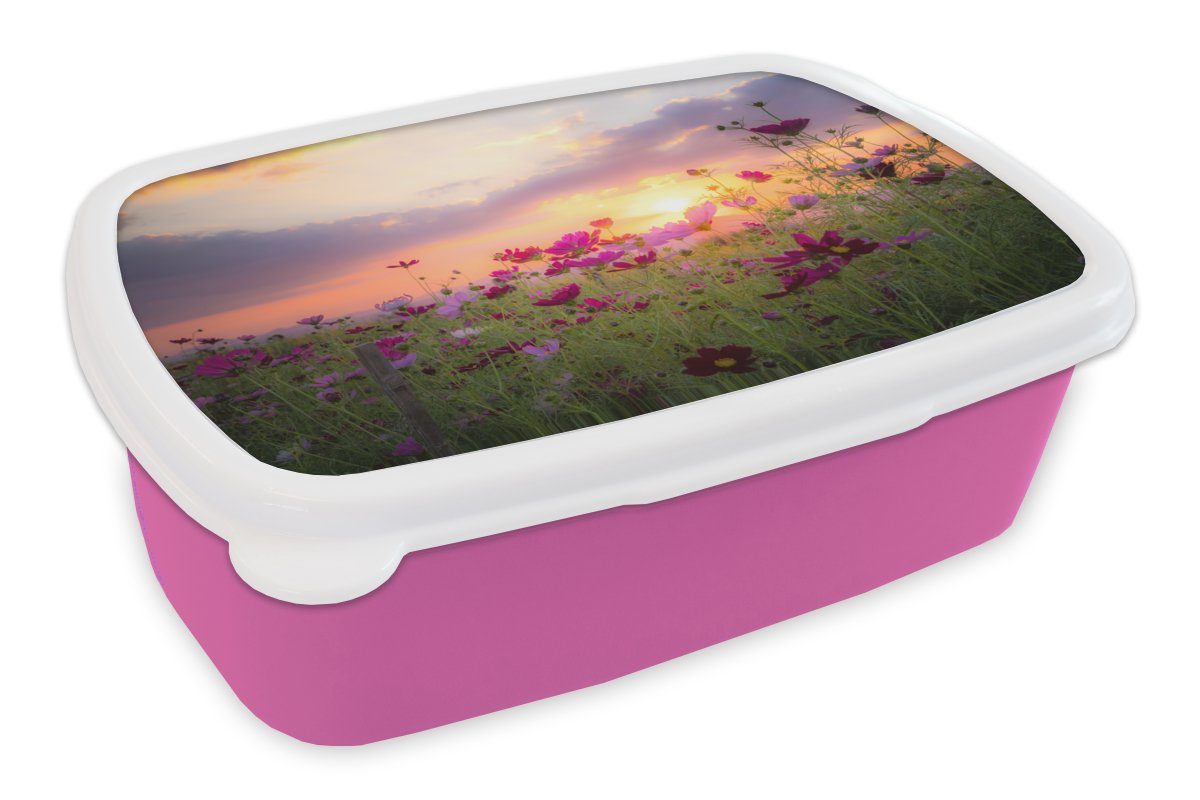 MuchoWow Lunchbox Sonnenuntergang - Blumen - Rosa - Natur - Grün, Kunststoff, (2-tlg), Brotbox für Erwachsene, Brotdose Kinder, Snackbox, Mädchen, Kunststoff