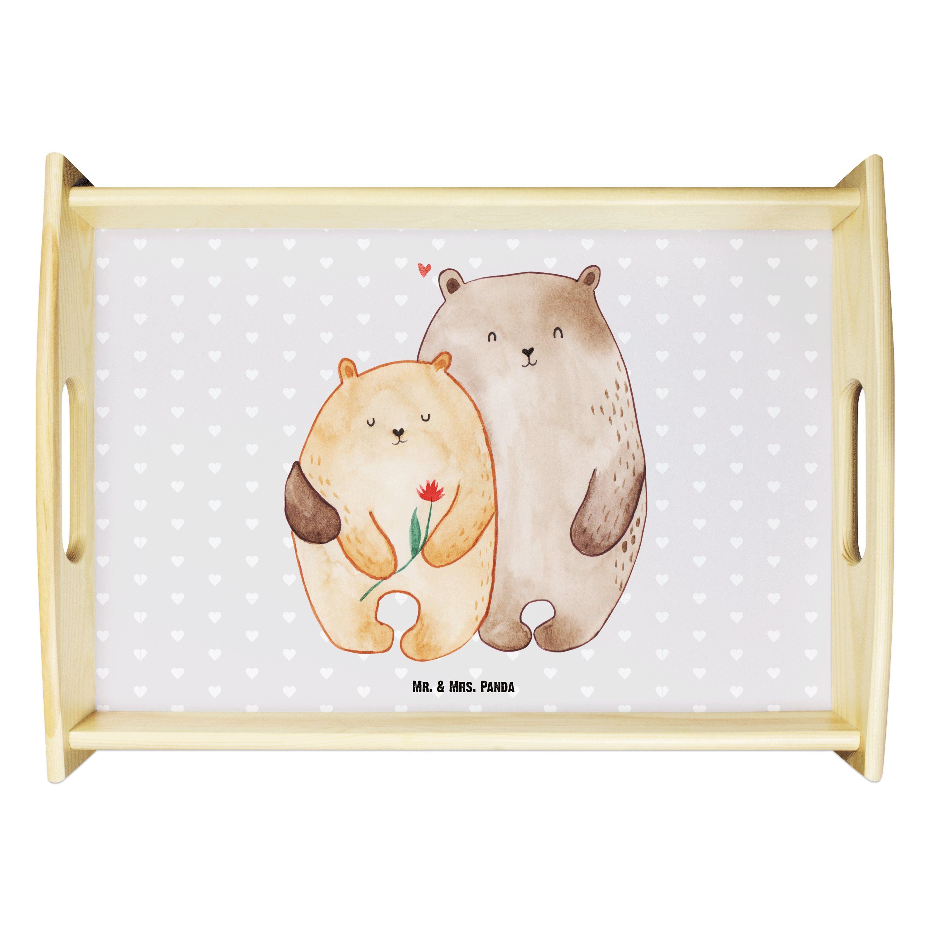 Mr. & Mrs. Panda Tablett Bären Liebe - Grau Pastell - Geschenk, Tablett, Hochzeitstag, Holztab, Echtholz lasiert, (1-tlg)