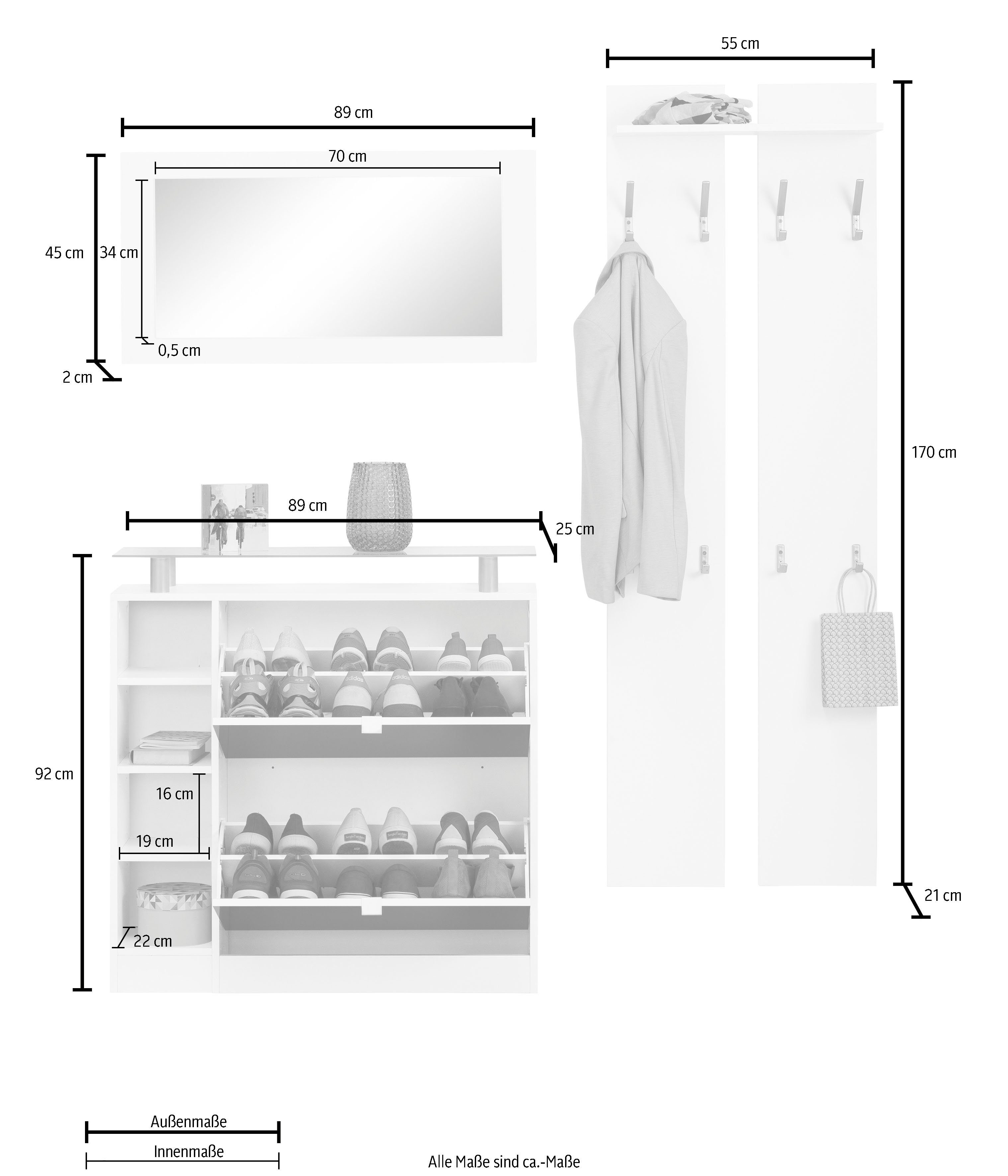 borchardt Möbel Garderoben-Set Dolly, (Set, mit 3-St), matt/weiß matt Glasablage weiß