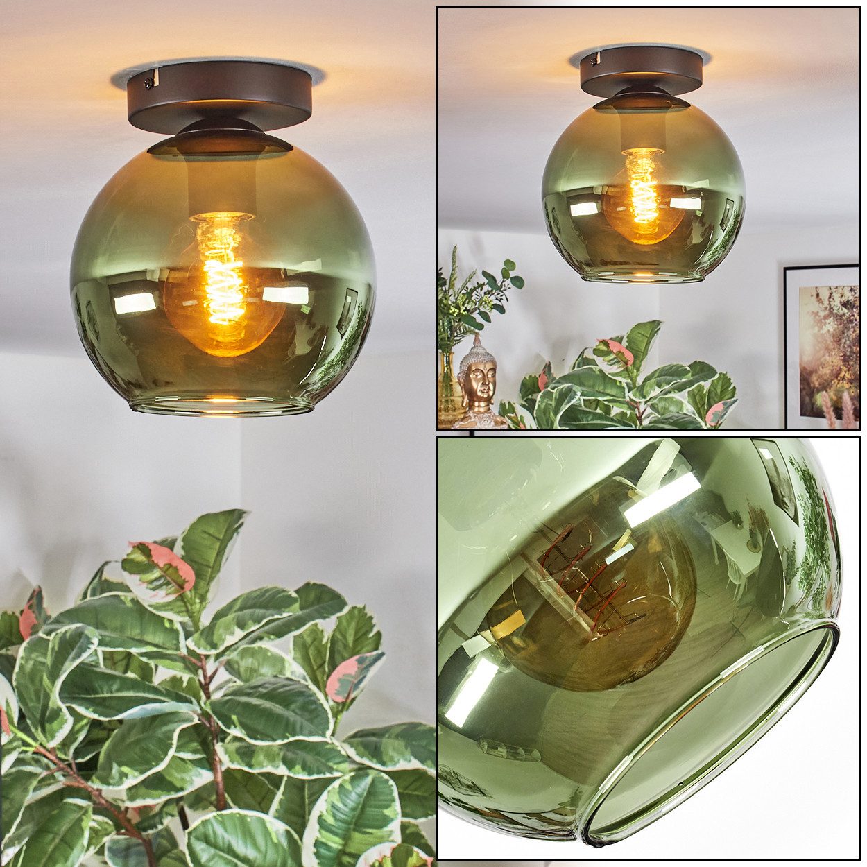 hofstein Deckenleuchte Deckenlampe aus Metall/Glas in Schwarz/Grün, Deckenleuchte im modernen Vintage-Design (Schirm Ø 20 cm), 1 x E27