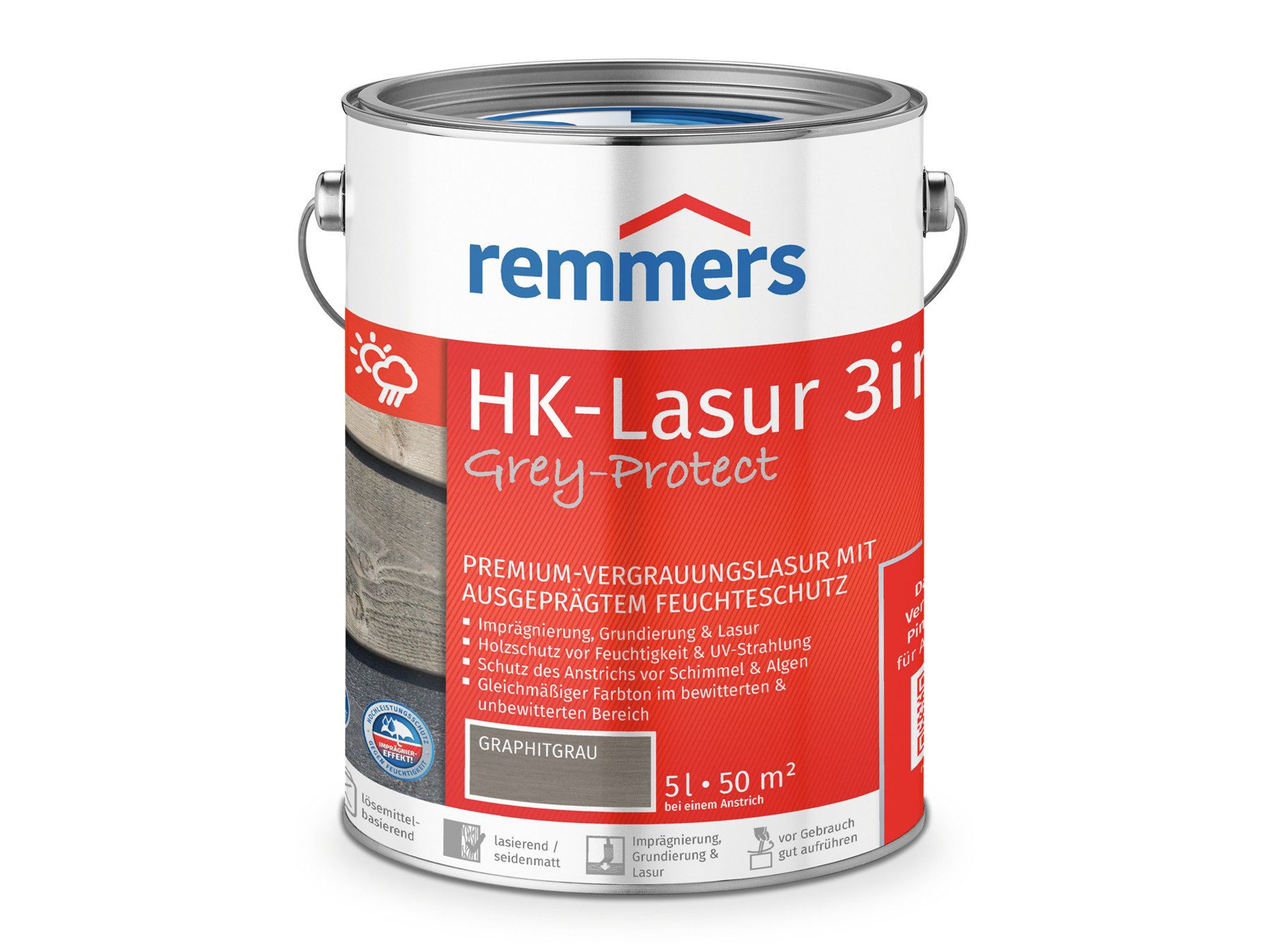 Remmers Holzschutzlasur HK-Lasur 3in1 Grey-Protect 5 Liter, 3in1 Holzschutz, Feuchtigkeit- und UV-Schutz