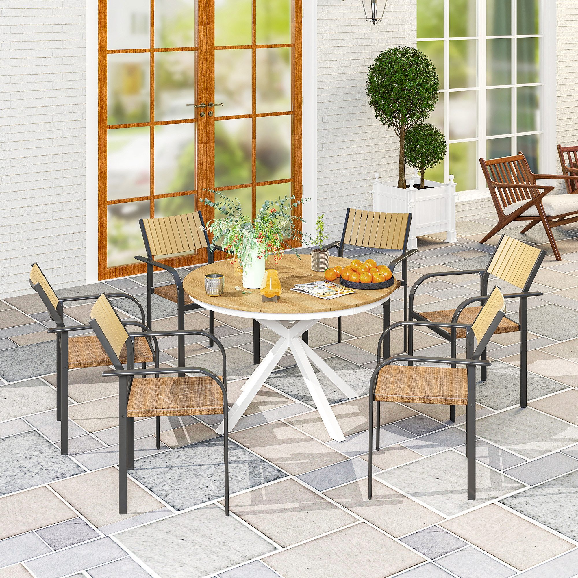 Outsunny Gartentisch Esstisch Outdoor, Campingtisch, rund Terrassentisch (Beistelltisch aus Aluminium, 1-St., wetterfest Balkontisch), Ø118cm, für Garten Balkon Teak