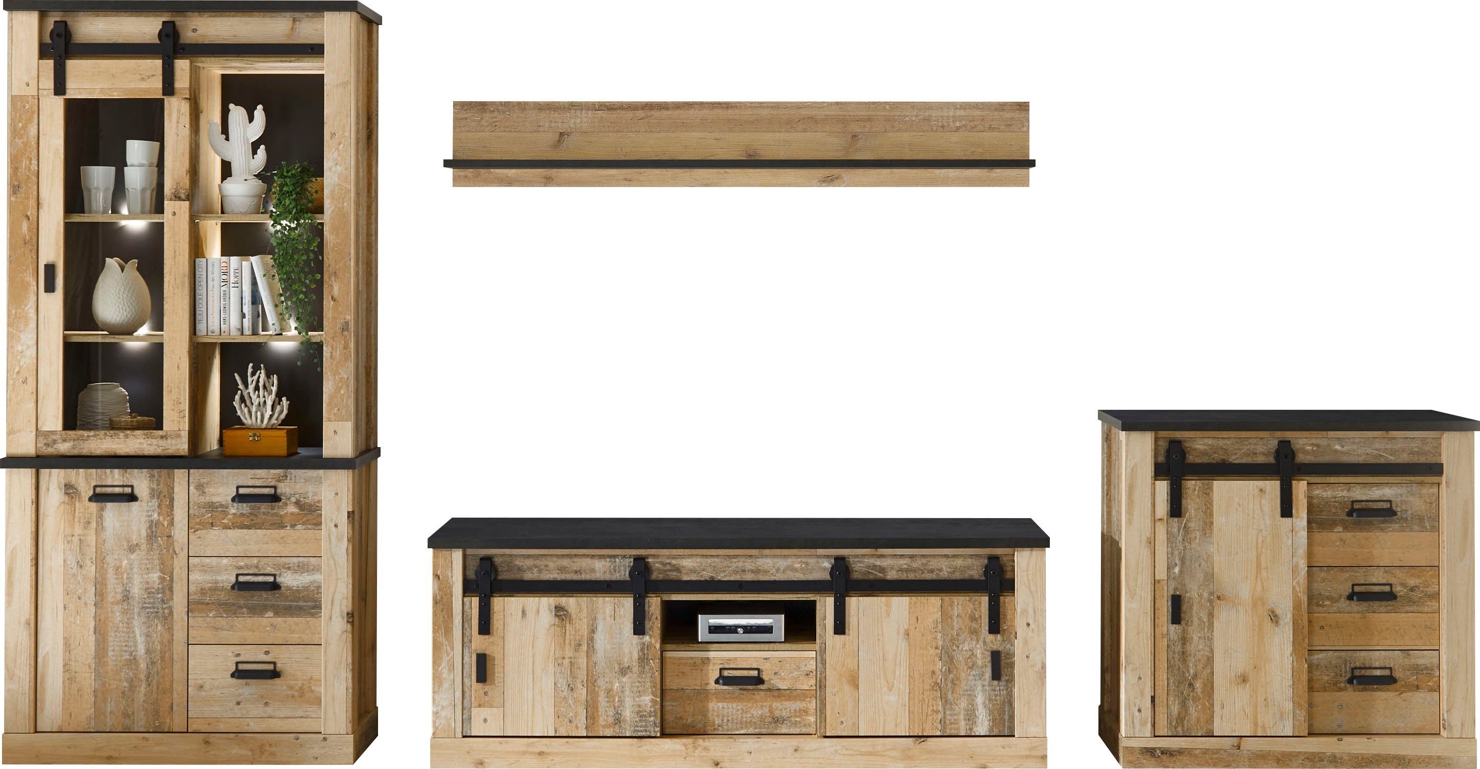 Home affaire Wohnwand SHERWOOD, (4-St), mit Scheunentorbeschlag, Apothekergriffe aus Metall, Breite ca. 388 cm