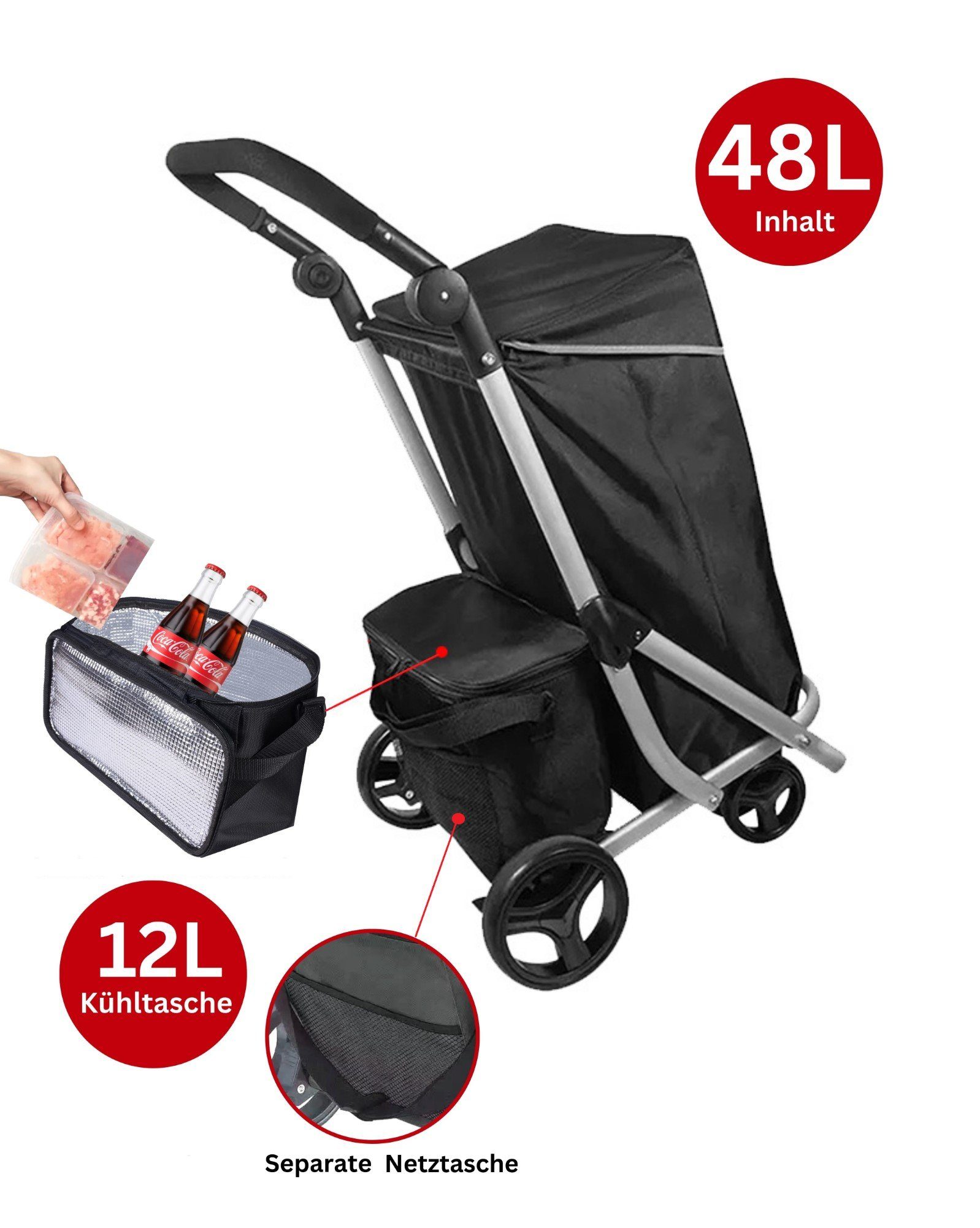 Cheffinger Einkaufstrolley 48L Einkaufswagen+12L Kühltasche Einkauf Trolley Aluminium Stabil Groß, Wasserdicht – Bild 5 von 5