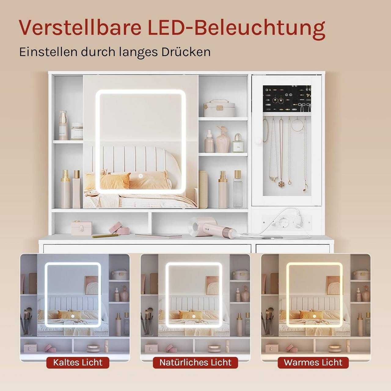 Woltu Schminktisch (1-St), mit Beleuchtung, Mobiler Spiegel und Steckdosen, weiß