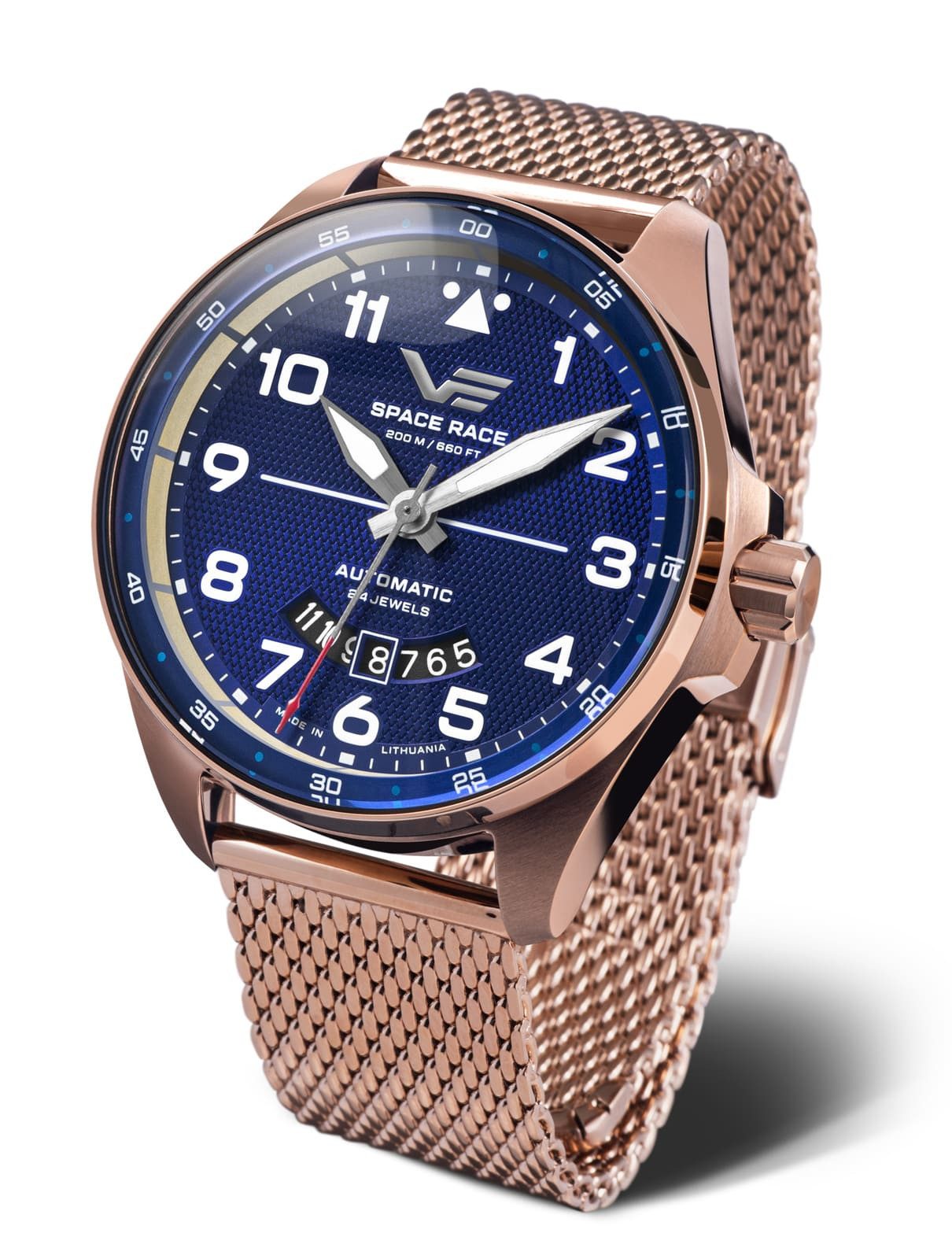 Vostok Europe Automatikuhr Space Race 325B746-B, 47 mm – Herrenuhr mit blauem Zifferblatt, & Milanaise-Edelstahlband