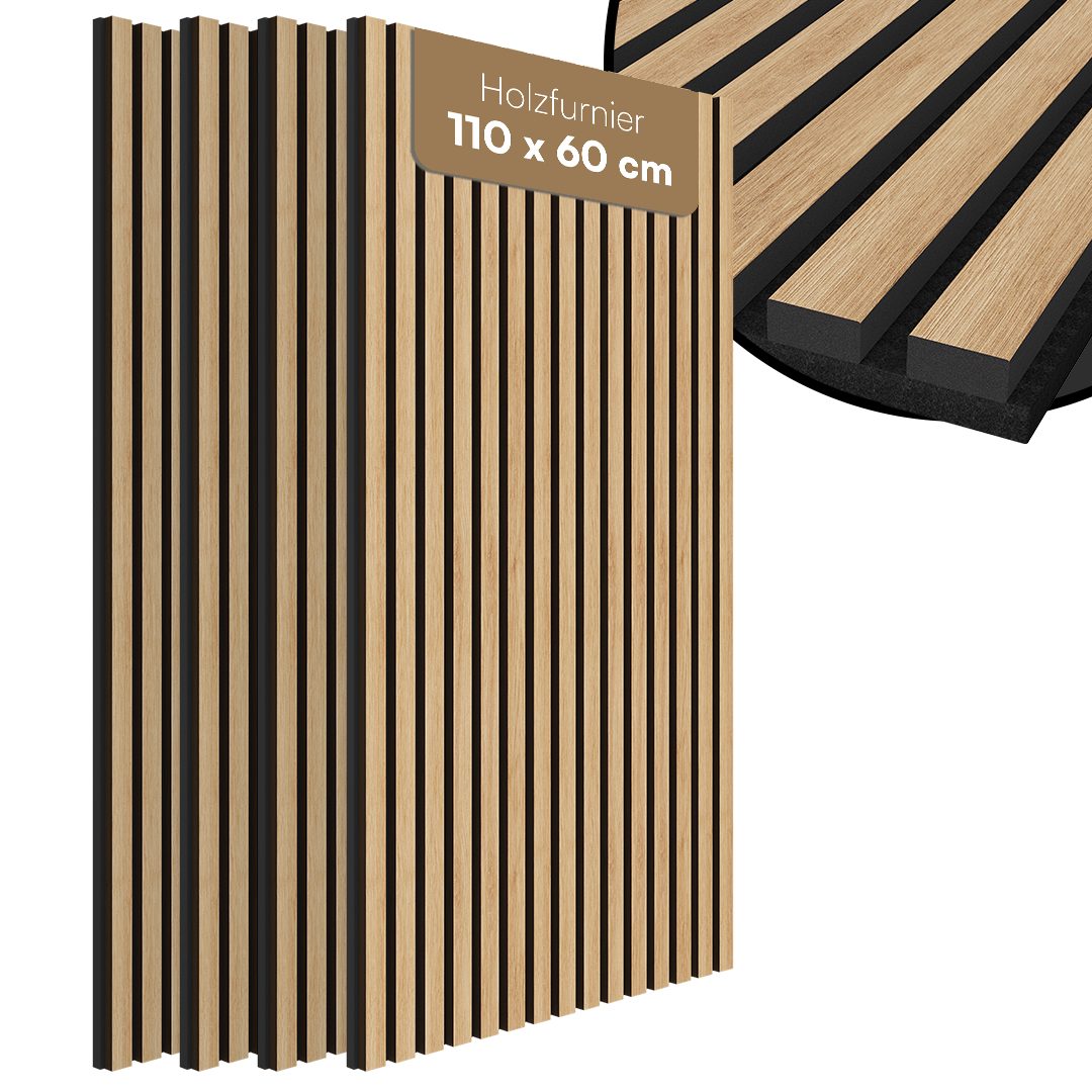 Bellamio Wandpaneel Kilwa, Akustikpaneel Holzoptik, BxL: 60x110 cm, 0,66 qm, (Eiche, 4-tlg) 3D Lamellenwand schallabsorbierend, in verschiedenen Größen verfügbar