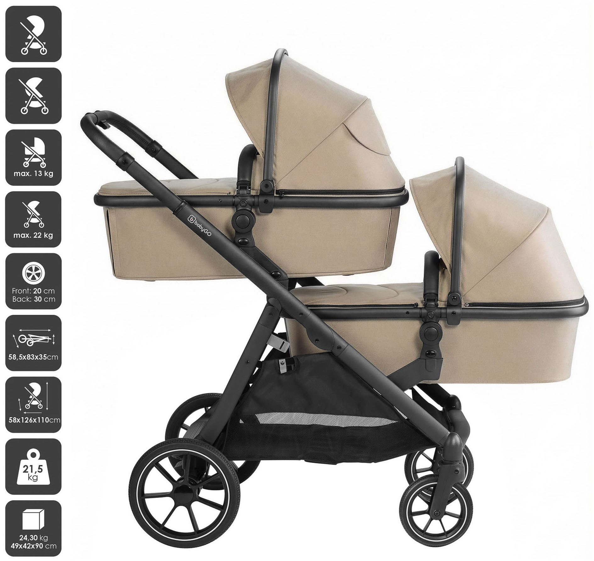 BabyGo Zwillings-Kombikinderwagen Duo, (Set), inkl. Wickeltasche u. 2 Regenhauben