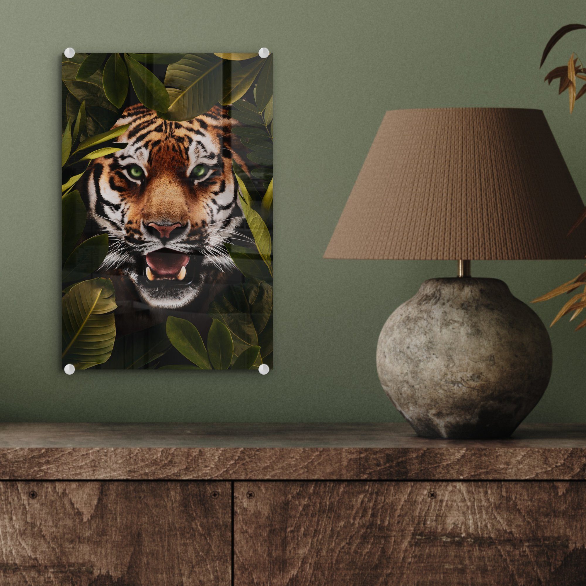 Wanddekoration Grün auf Wandbild (1 Glas Foto - Bilder Glas - - Acrylglasbild MuchoWow Augen, bunt Tiger - auf St), - Glasbilder