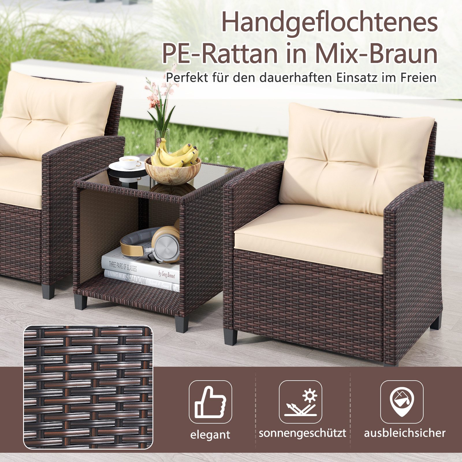 COSTWAY Balkonset, (3-tlg), Gartenmöbel Set, Rattan Balkonmöbel mit Kissen