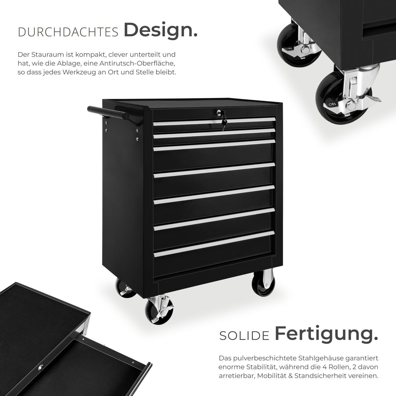 tectake Werkzeugwagen Werkstattwagen mit 7 Schubladen, zentraler Verriegelung, Rollen, schwarz, (Werkzeugschrank, in Schwarz), Schubfächer mit Antirutschmatten, Inkl. Zubehör
