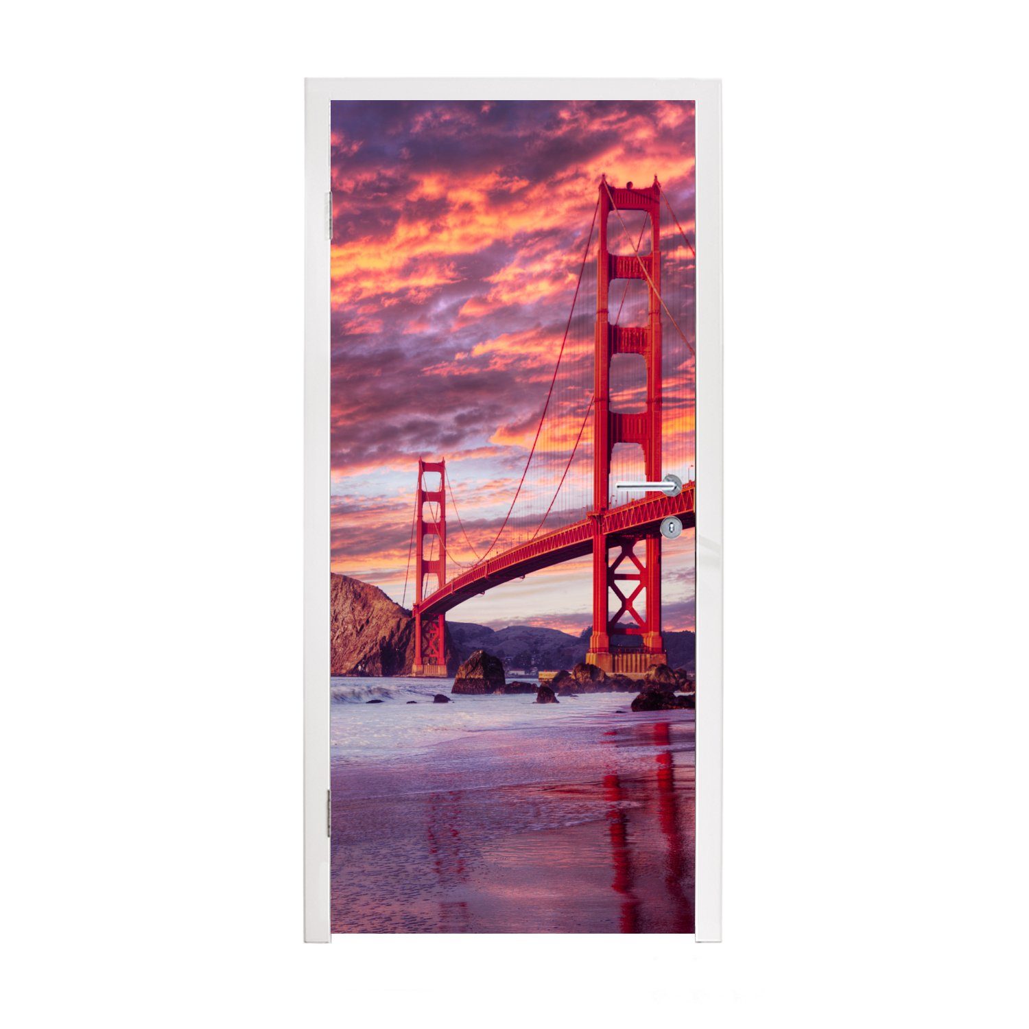 MuchoWow Türtapete Die Golden Gate Bridge mit einem wunderschönen lila Himmel, Matt, bedruckt, (1 St), Fototapete für Tür, Türaufkleber, 75x205 cm
