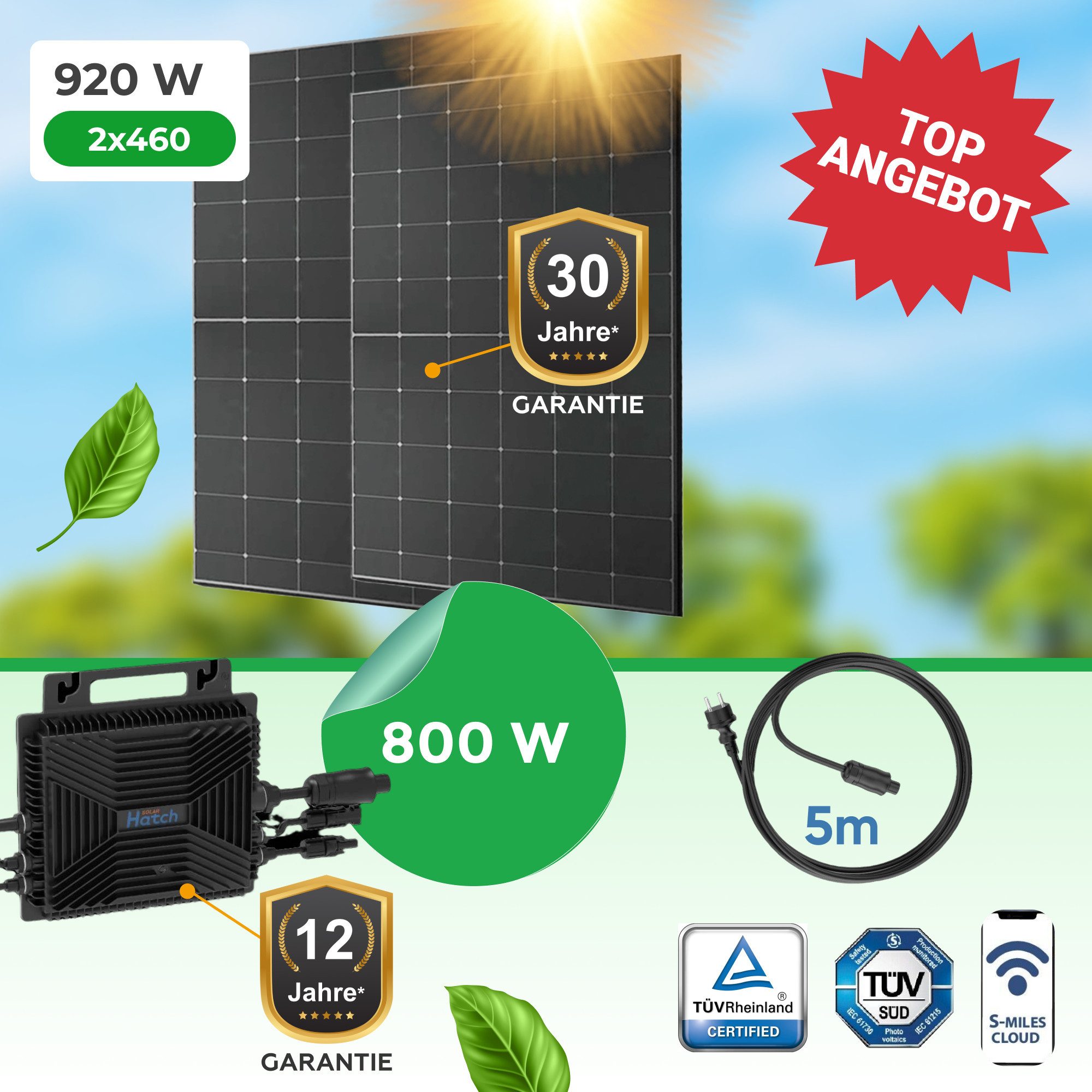 Paket.ag Balkonkraftwerk 920Watt mit 800W WiFi-Wechselrichter, (1-St)