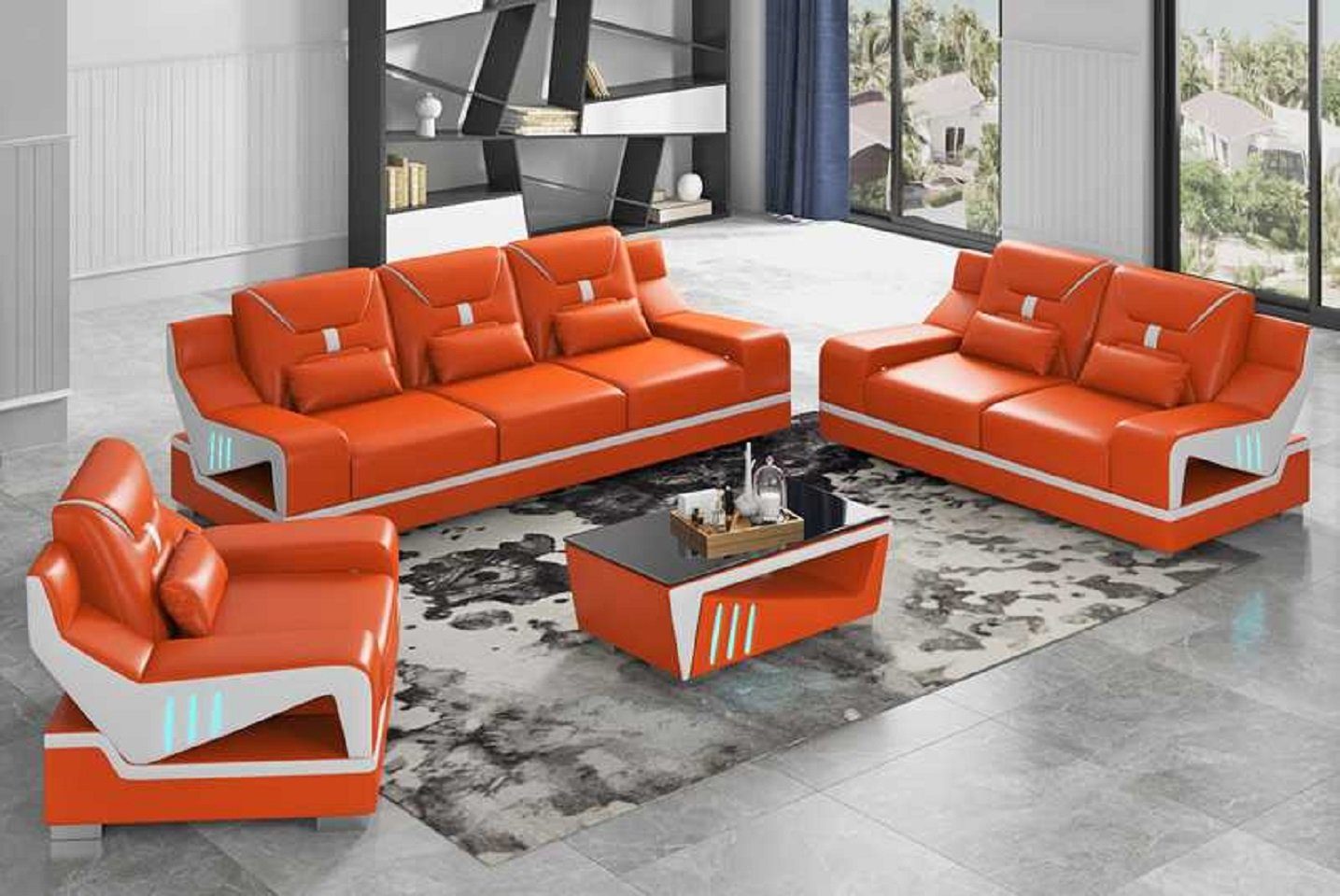 JVmoebel Wohnzimmer-Set Luxus Sofagarnitur Couchgarnitur Schwarz Kunstleder Sofa 321, (3-St., Nur Sofa 2+3 Sitzer + Sessel), Made in Europe Orange