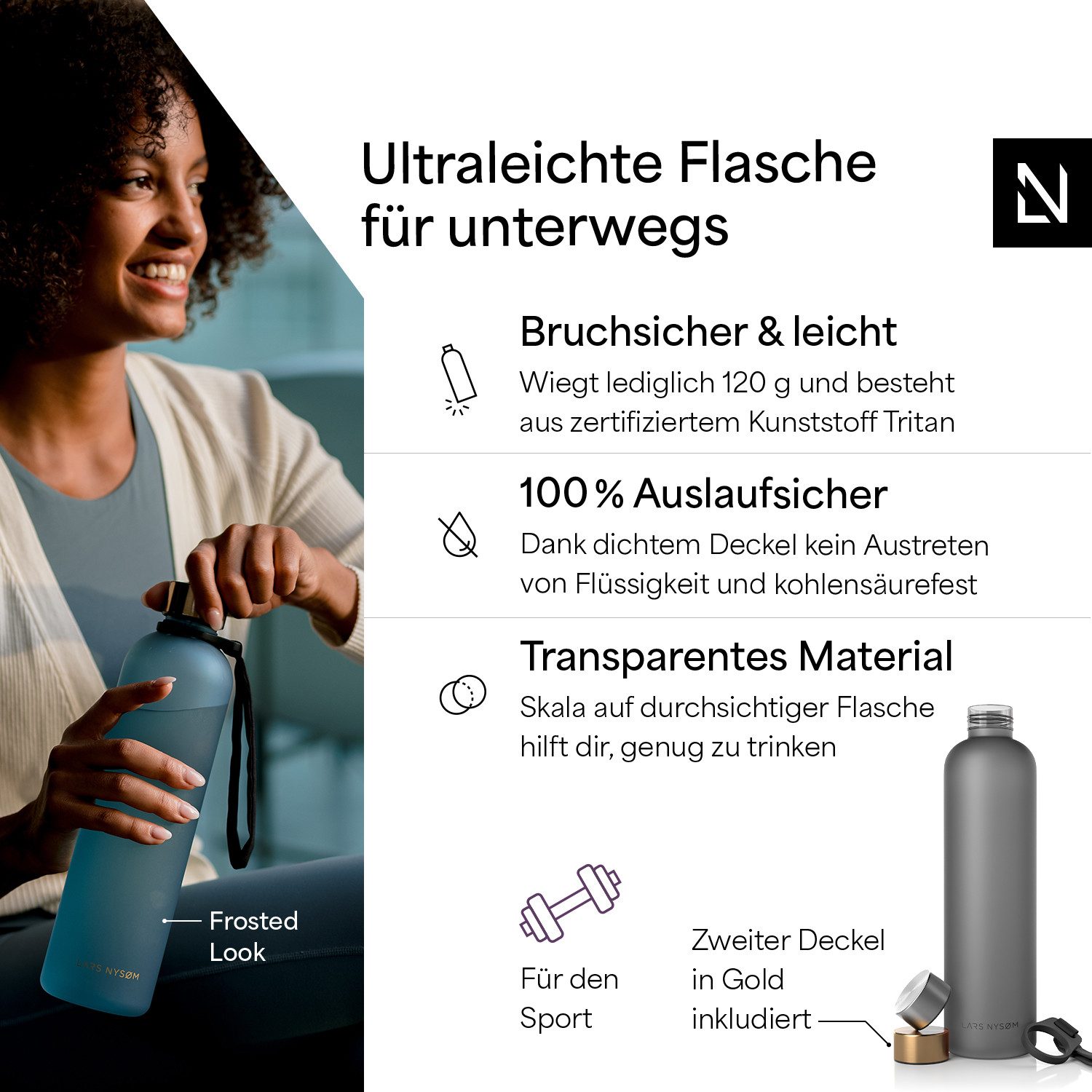 LARS NYSØM Trinkflasche Blæst, Trinkflasche mit Hydrationsskala und Trageschlaufe