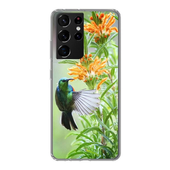 MuchoWow Handyhülle Nahaufnahme eines bunten Vogels neben Pflanzen mit orangefarbenen Phone Case Handyhülle Samsung Galaxy S21 Ultra Silikon Schutzhülle