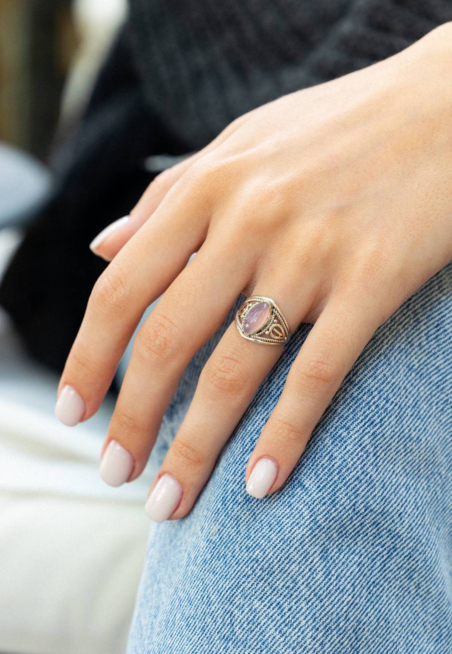 mantraroma Silberring DAHAB Ellipse aus 925 Silber mit Rosenquarz (Ring mit Schmuckbeutel), Damenring aus 925er Silber