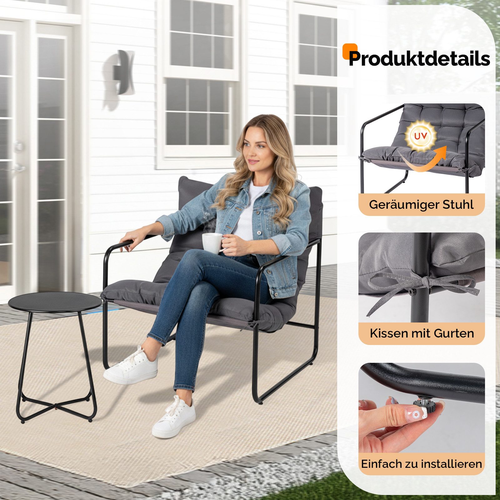 VINGLI Balkonset Gartenmöbel Set 3 teilig für Indoor und Outdoor, Grau/Weiß – Bild 5 von 5